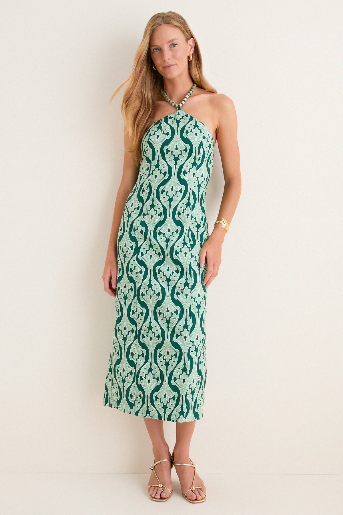 Green Geo Floral Naomi Beaded Halter Dress