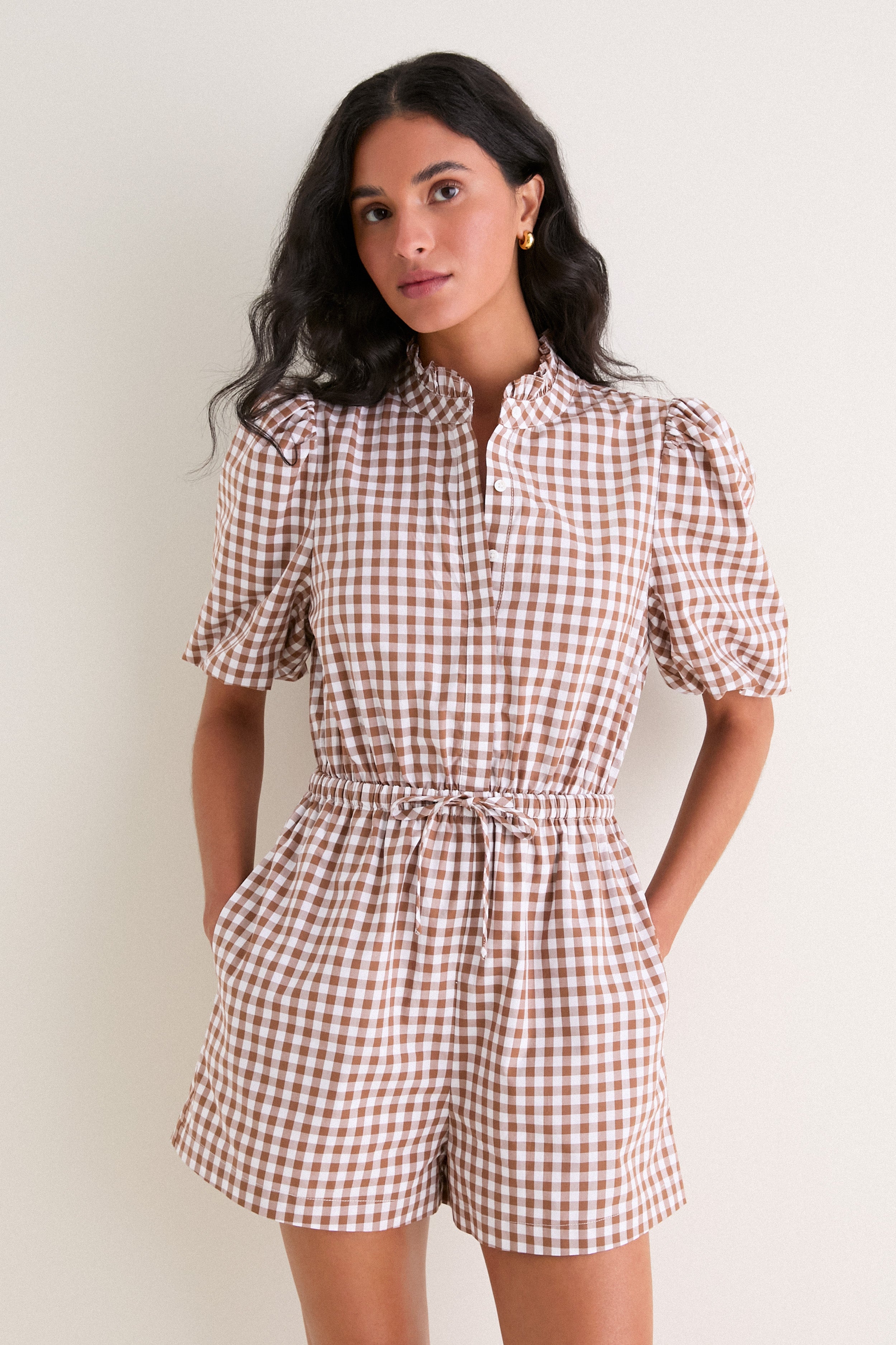 Brown Gingham Brooke Romper | English Factory