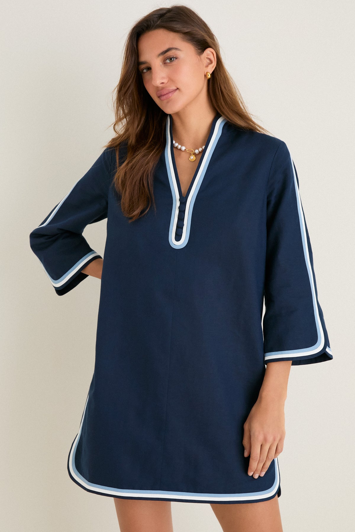 cotton linen tunic dress Navy Cotton Linen Contrast Trim Sabine Tunic Dress
