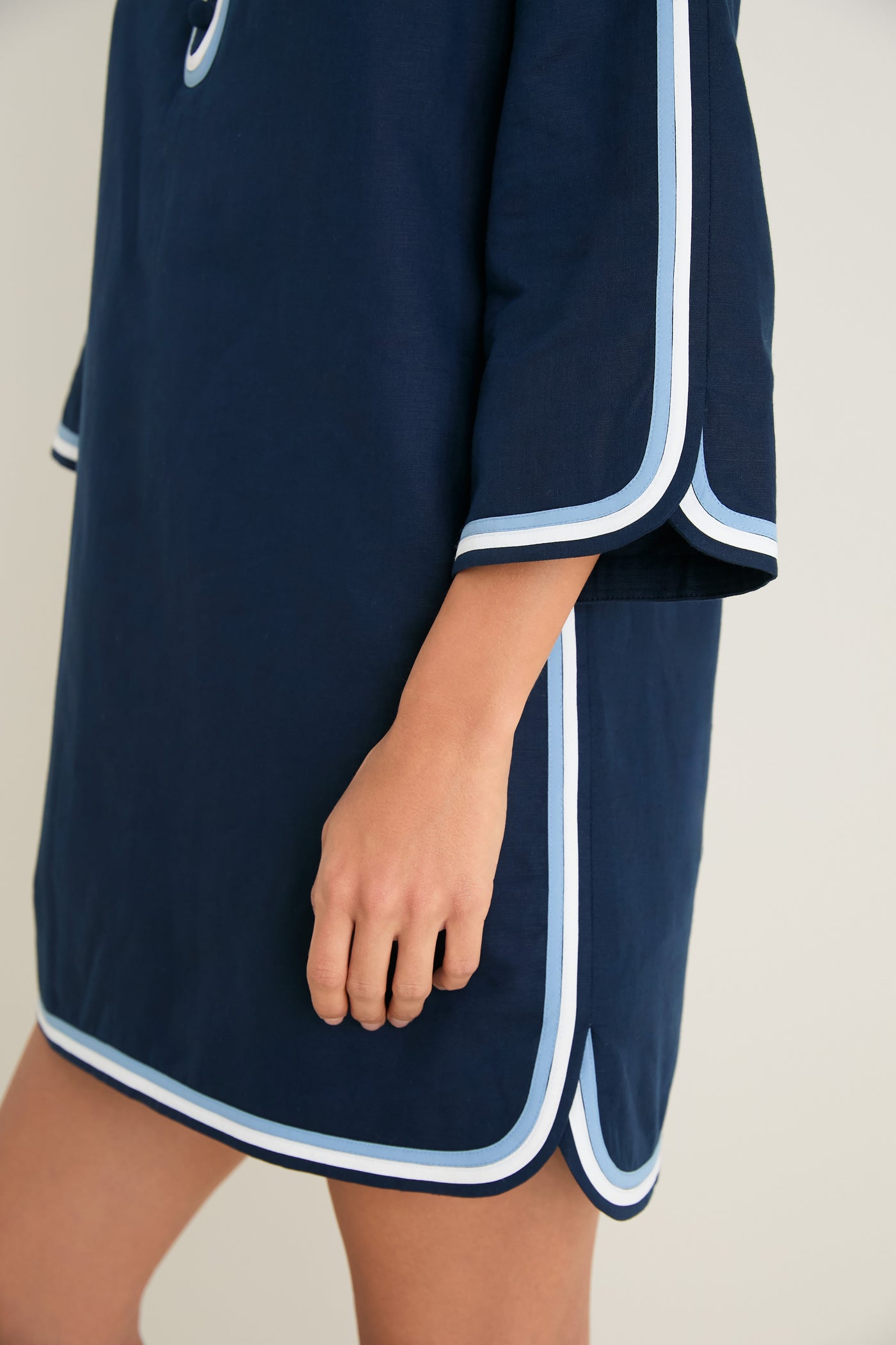 Navy Cotton Linen Contrast Trim Sabine Tunic Dress