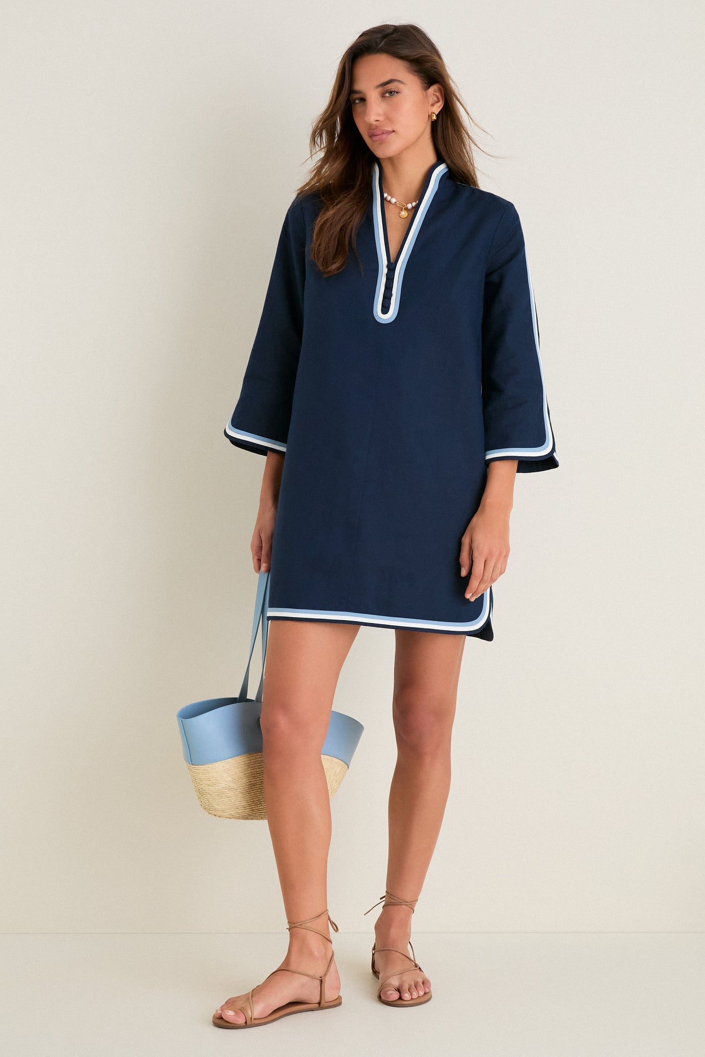 Navy Cotton Linen Contrast Trim Sabine Tunic Dress