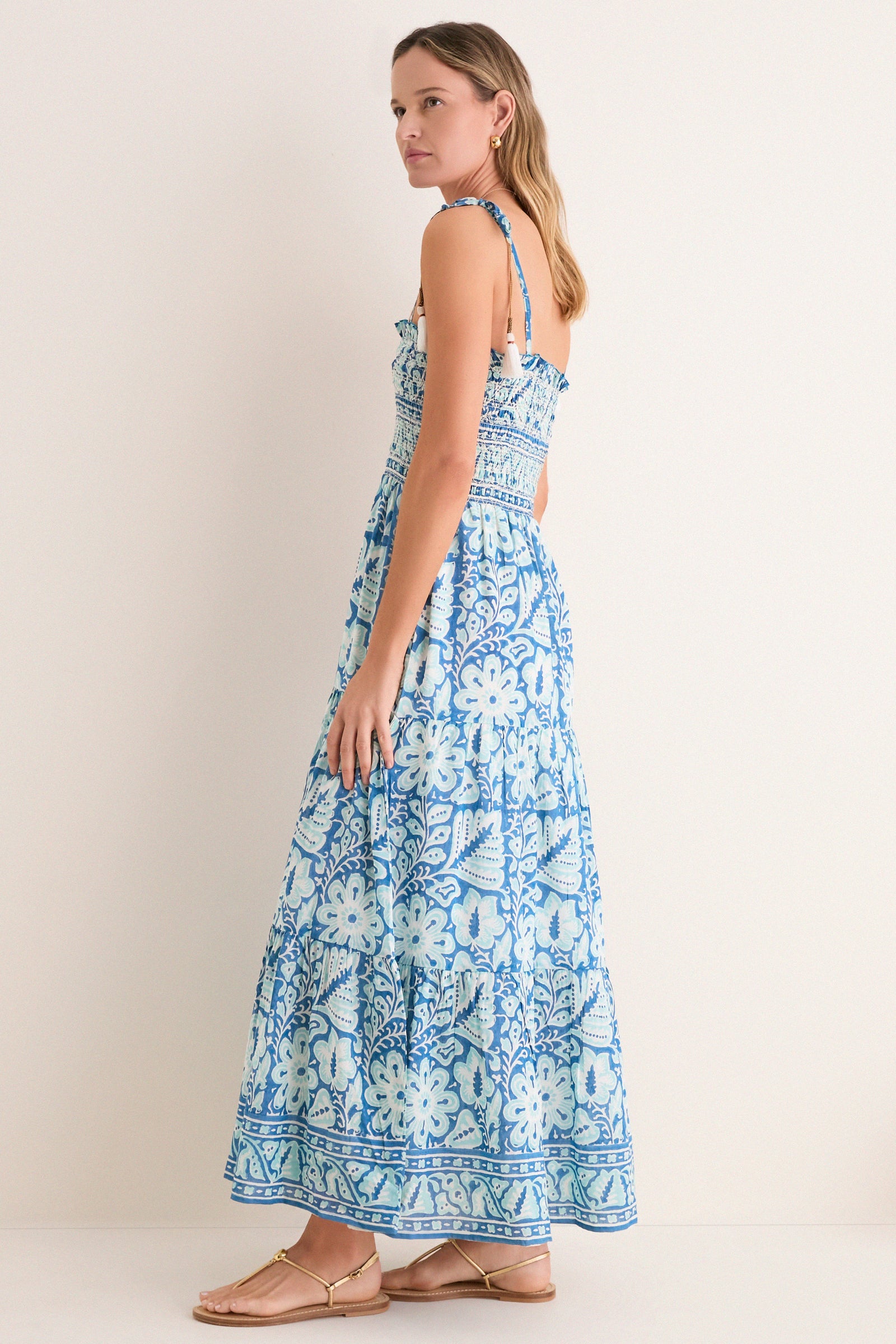 Turquoise Floral Smocked Maxi Dress