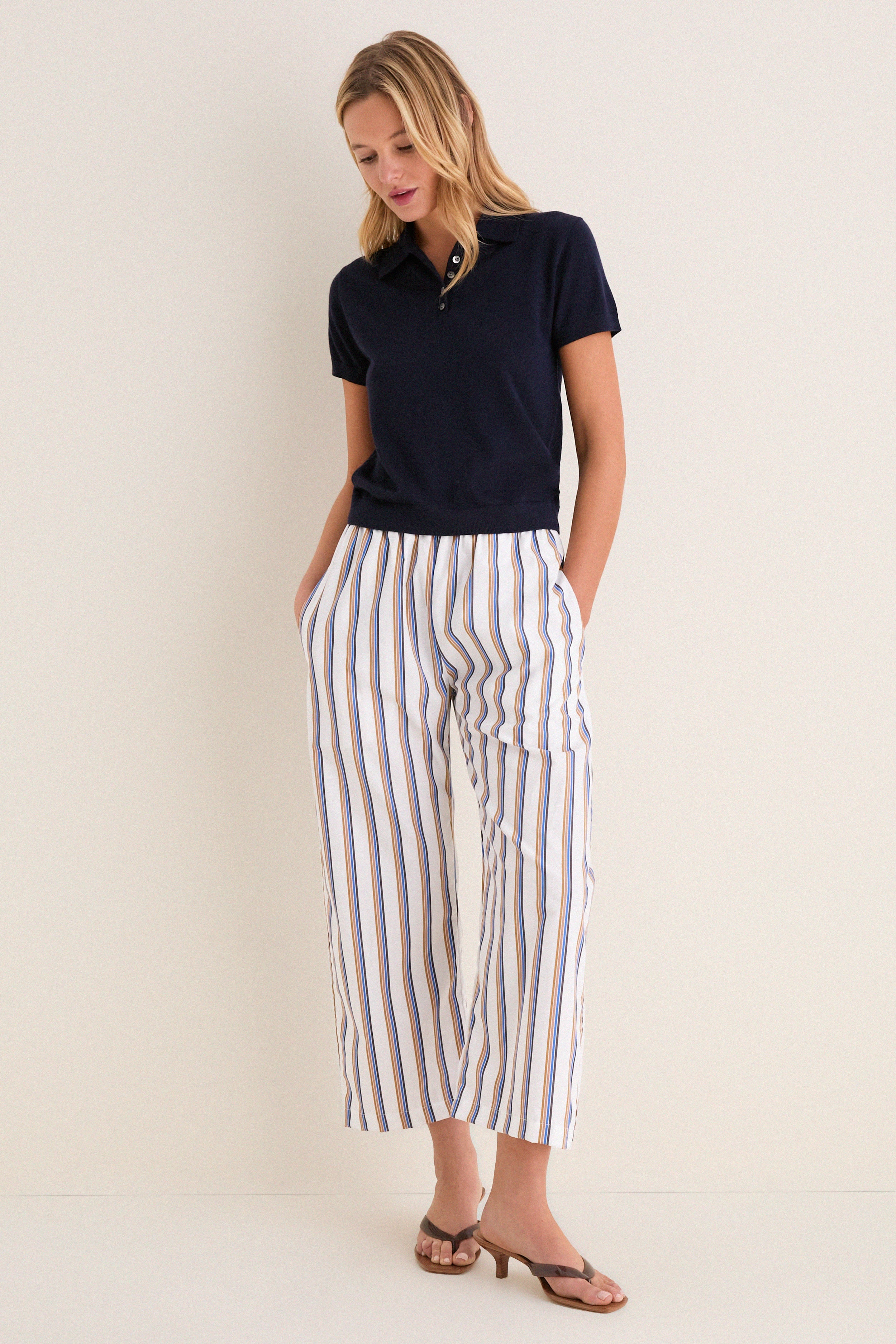 CFCL★WASHI GARTER PANTS ブルー3 Parch Choco and Blue Yoshi Stripe Crop Drawstring Pants | Leset