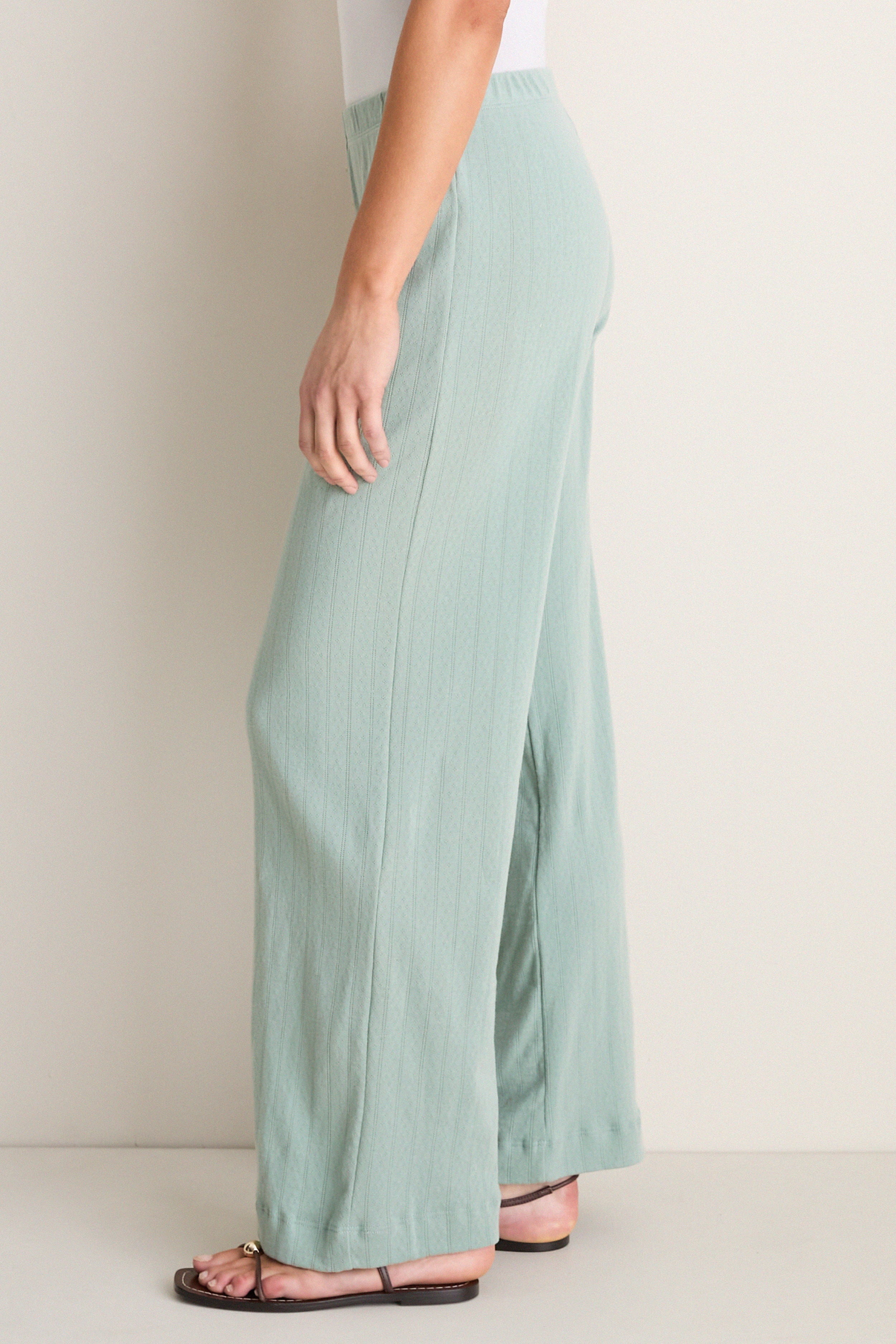 Eucalyptus Pointelle Boxer Pants: Classic, high-end wide-leg pants with eyelets and a relaxed fit, epitomizing effortless and fun style for versatile, confident looks.