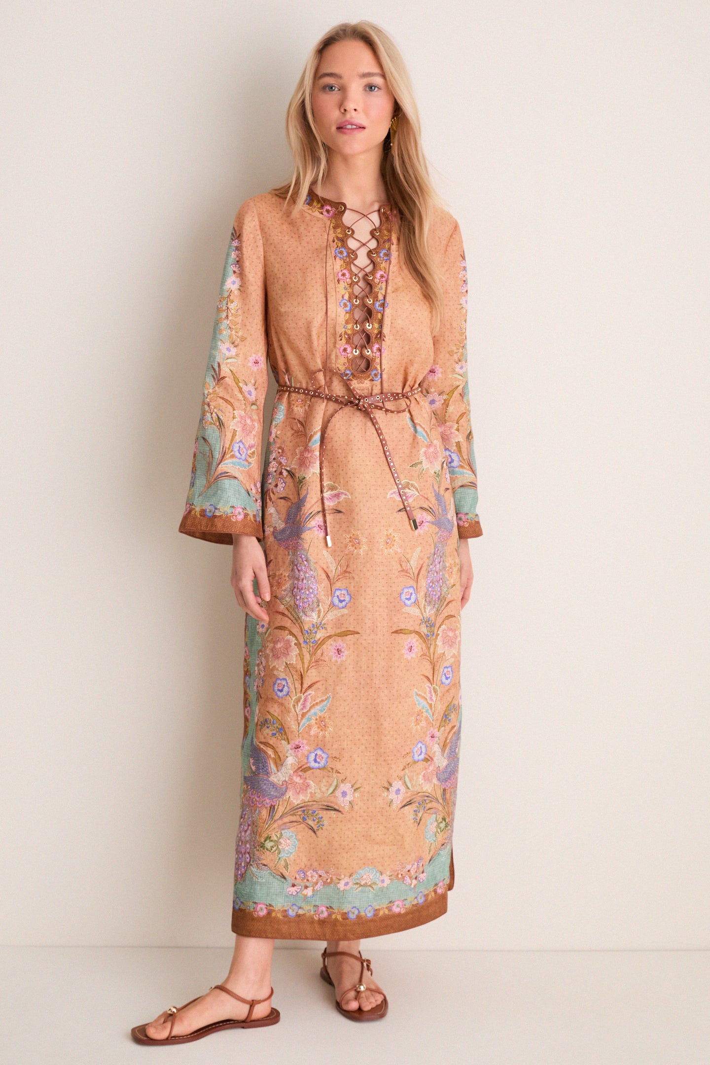 Tan Scarf Floral Indra Tunic Midi Dress