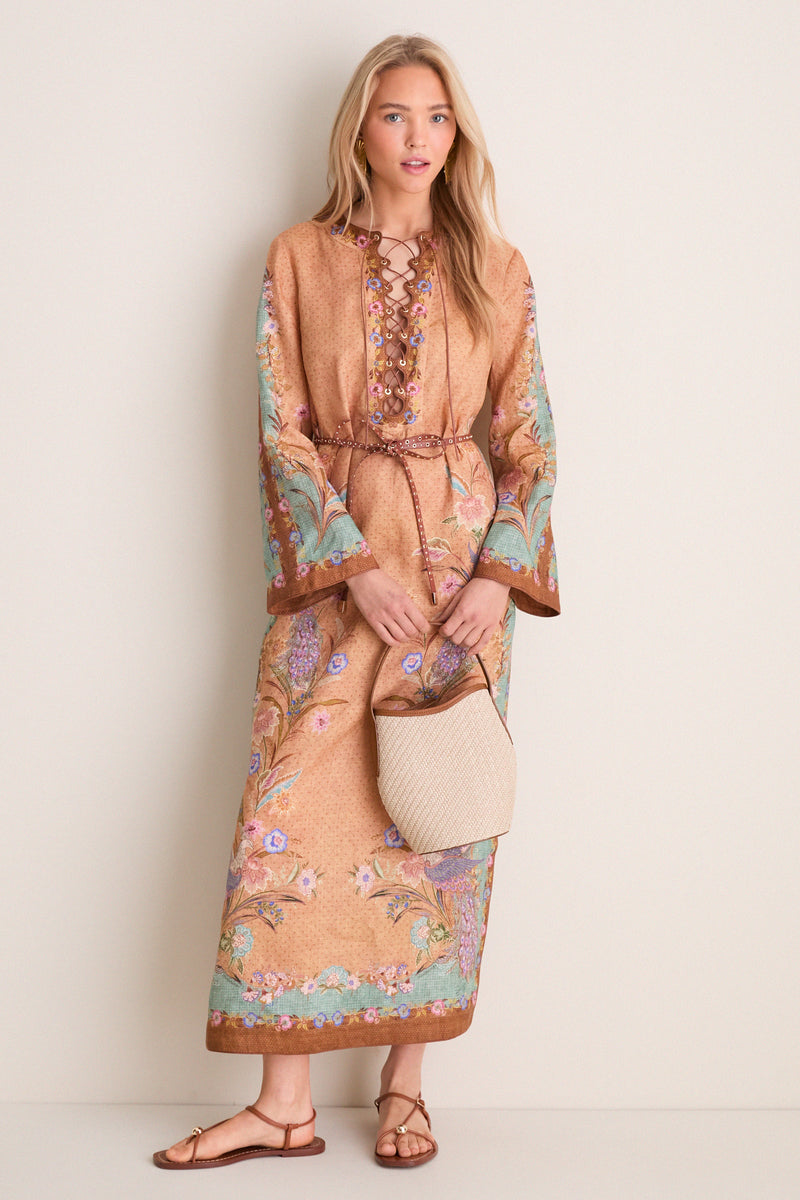 Tan Scarf Floral Indra Tunic Midi Dress