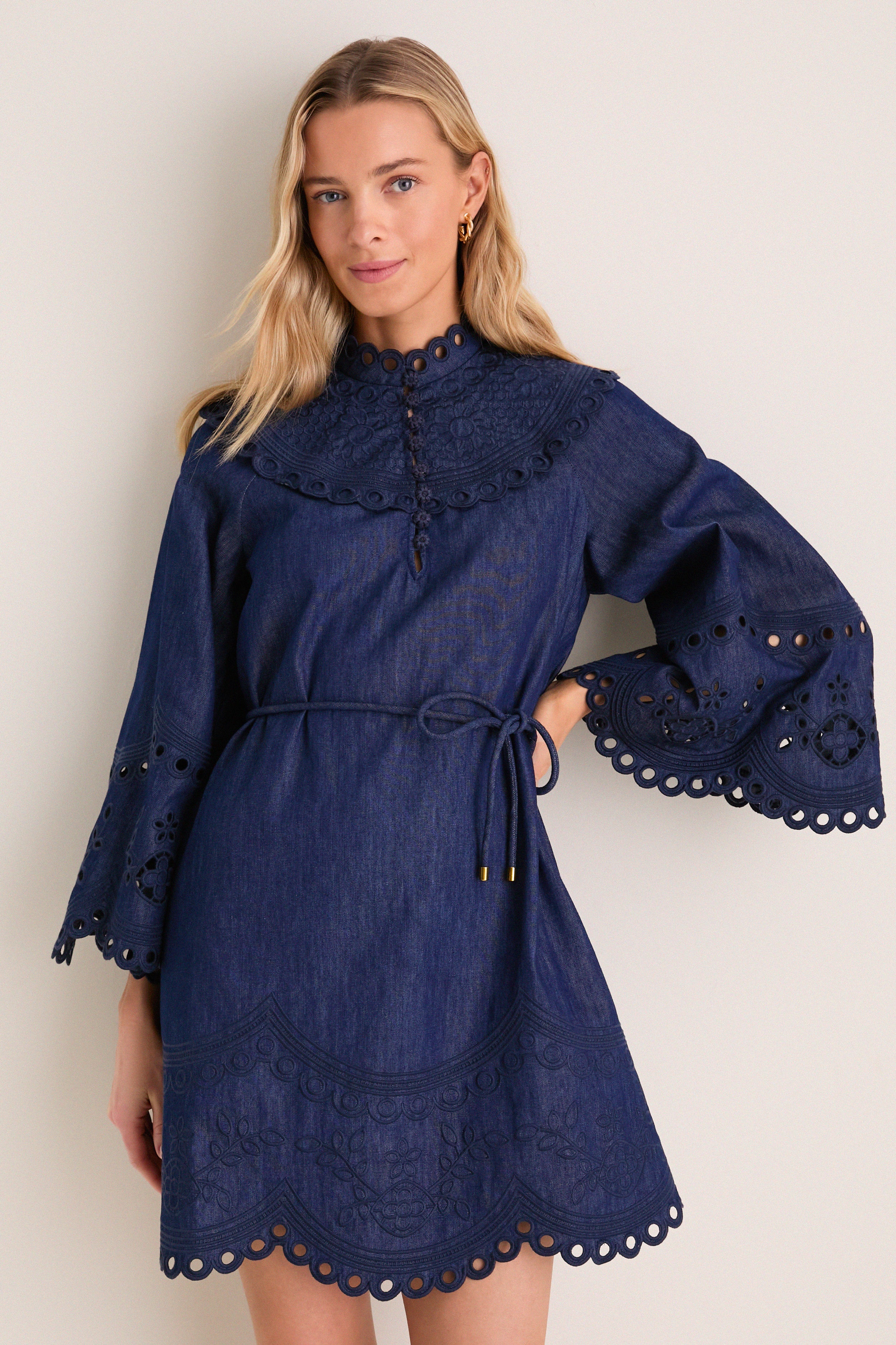 Zimmermann Denim Broderie Mahon Mini Dress - Navy