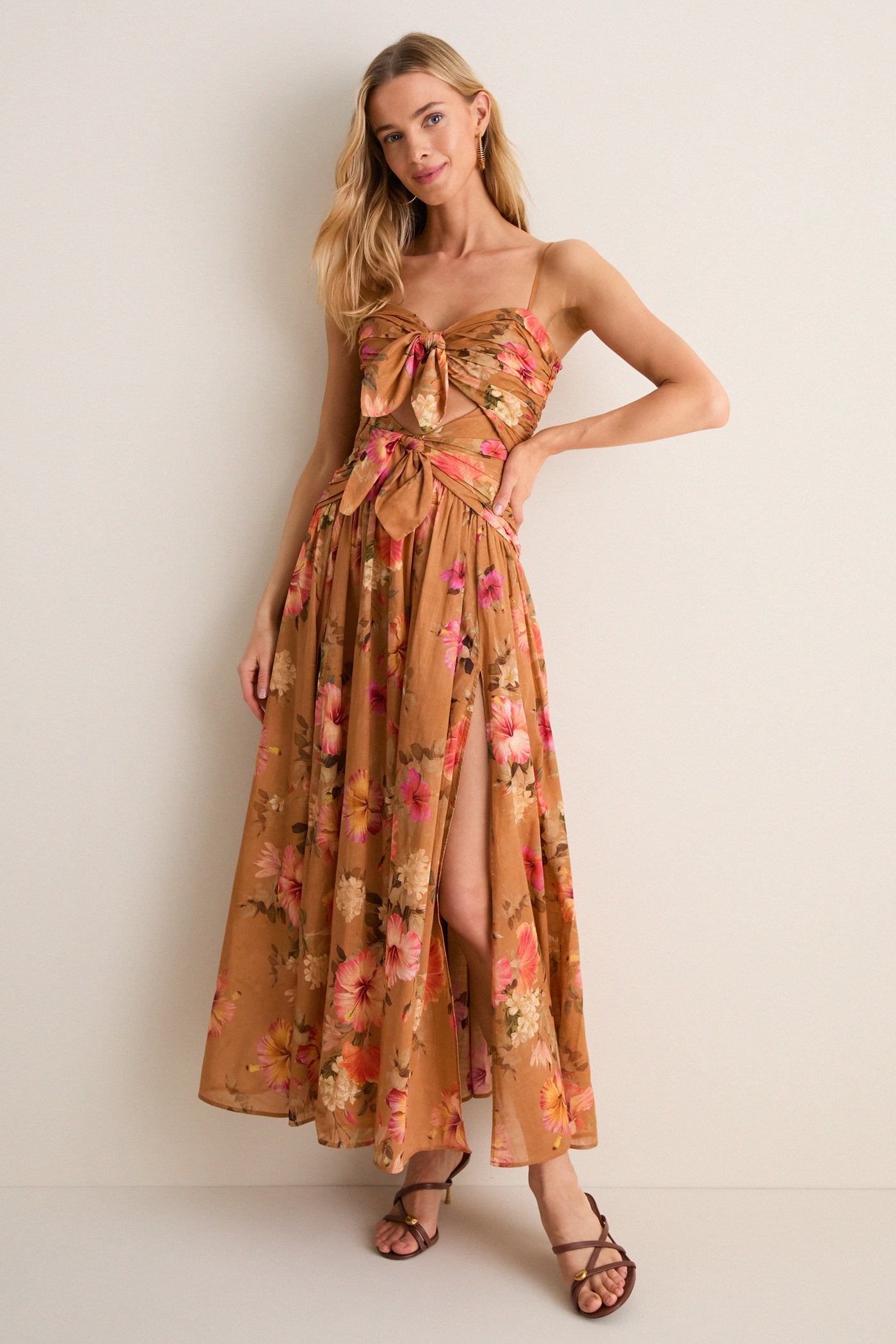 Tan Hibiscus Mahon Tie Front Midi Dress