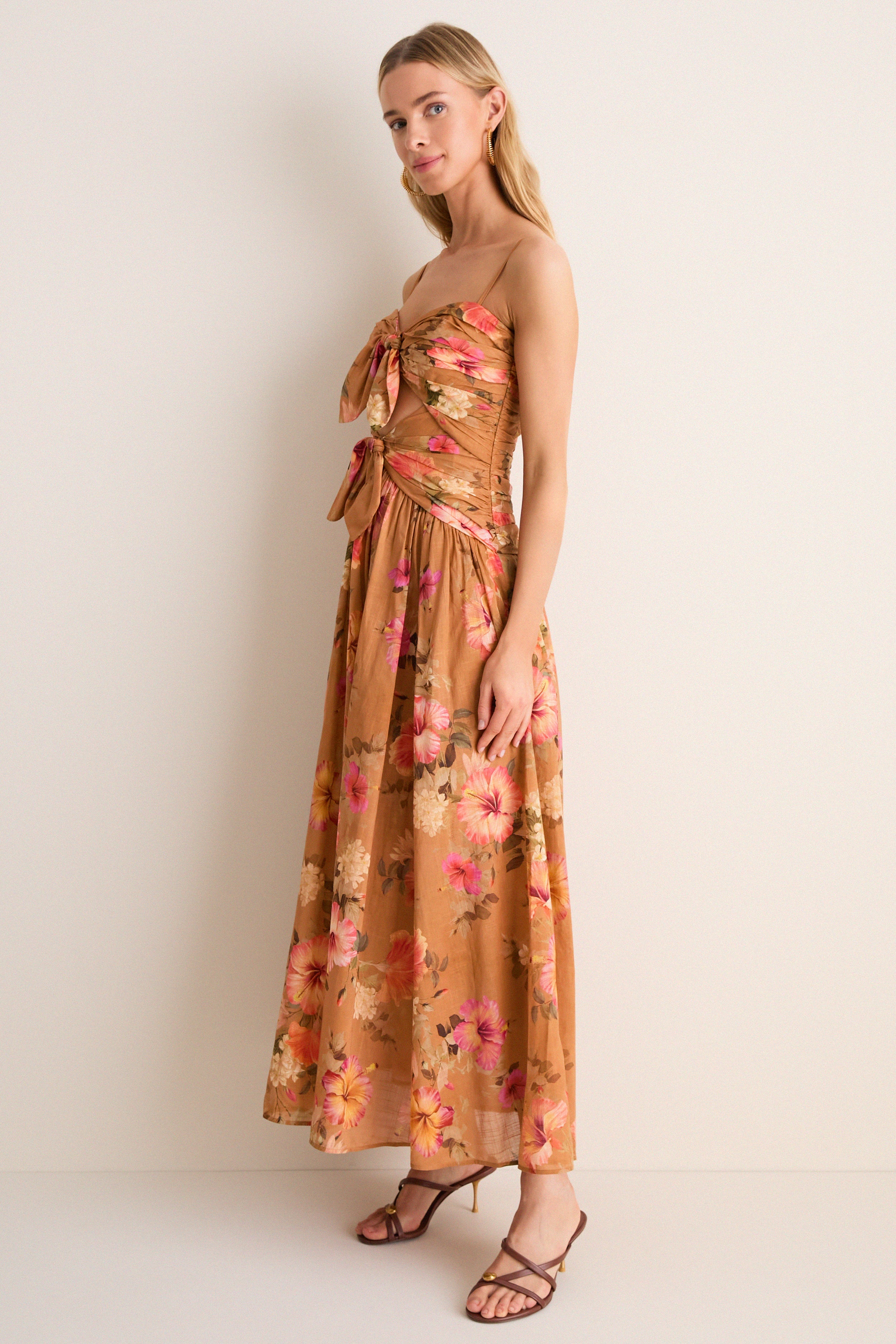 Tan Hibiscus Mahon Tie Front Midi Dress