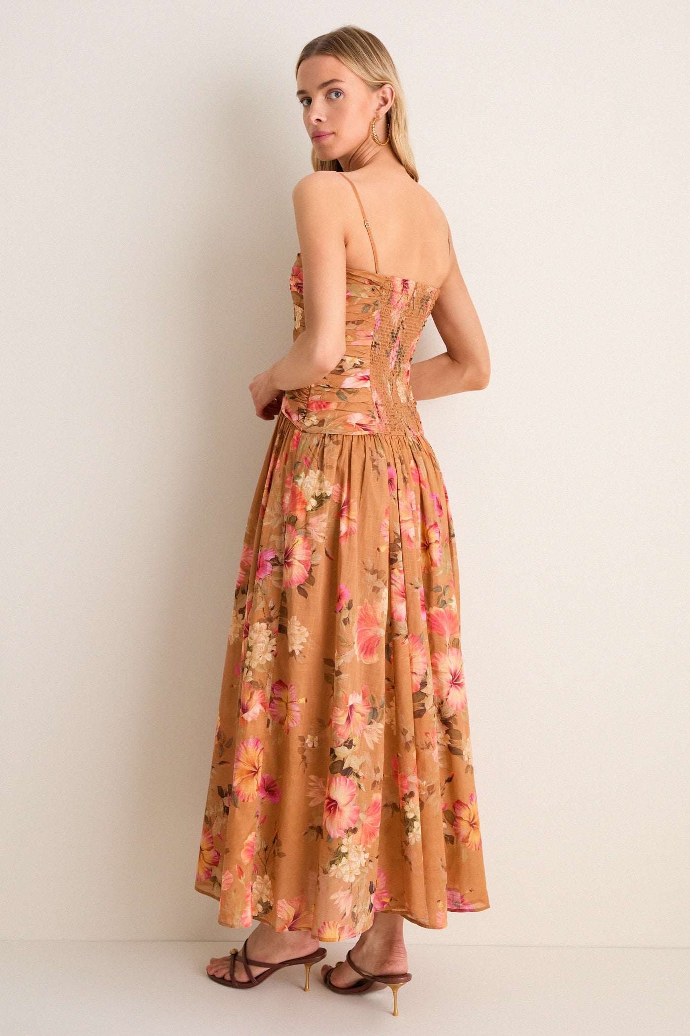 Tan Hibiscus Mahon Tie Front Midi Dress
