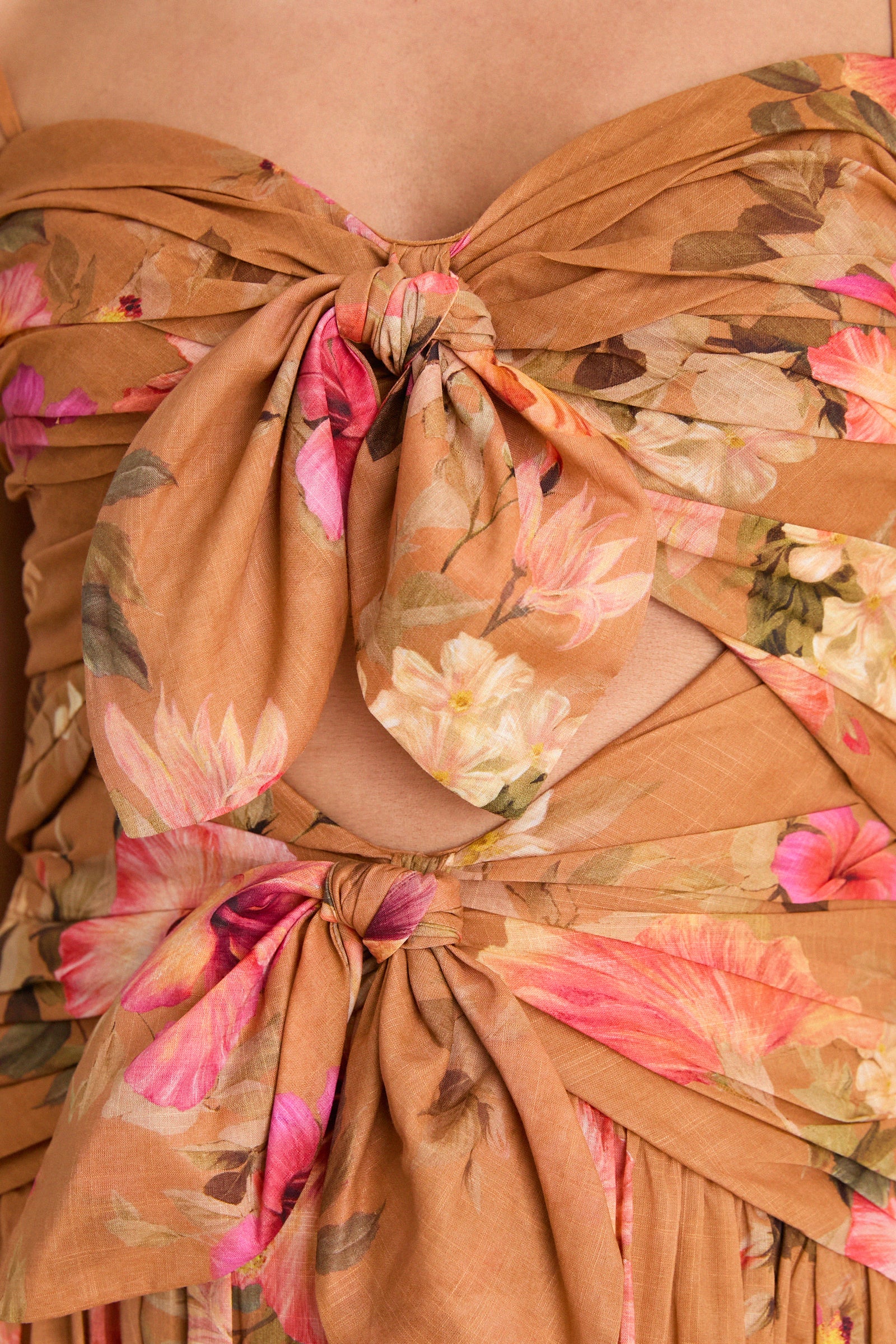 Tan Hibiscus Mahon Tie Front Midi Dress