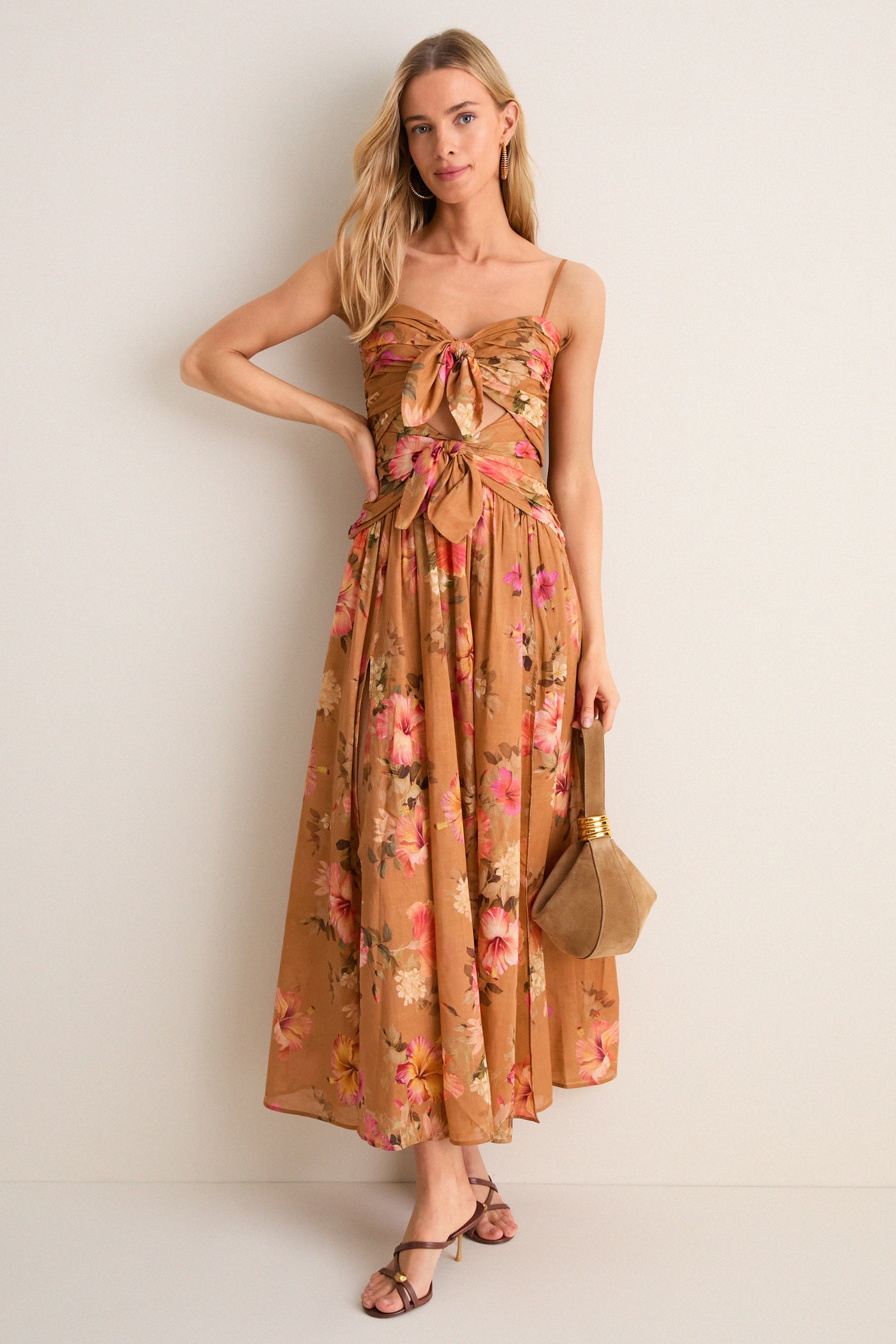 Tan Hibiscus Mahon Tie Front Midi Dress