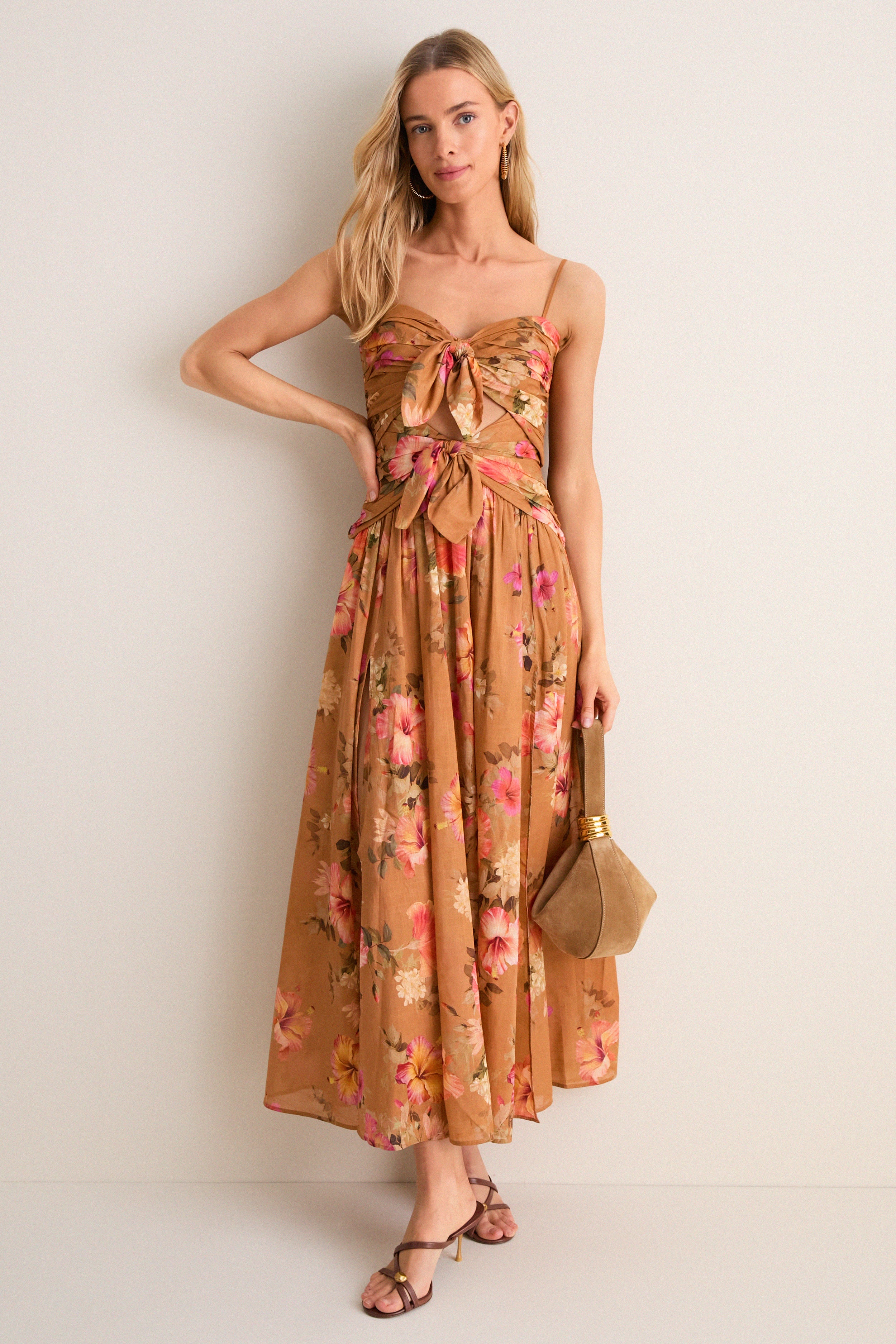 Tan Hibiscus Mahon Tie Front Midi Dress