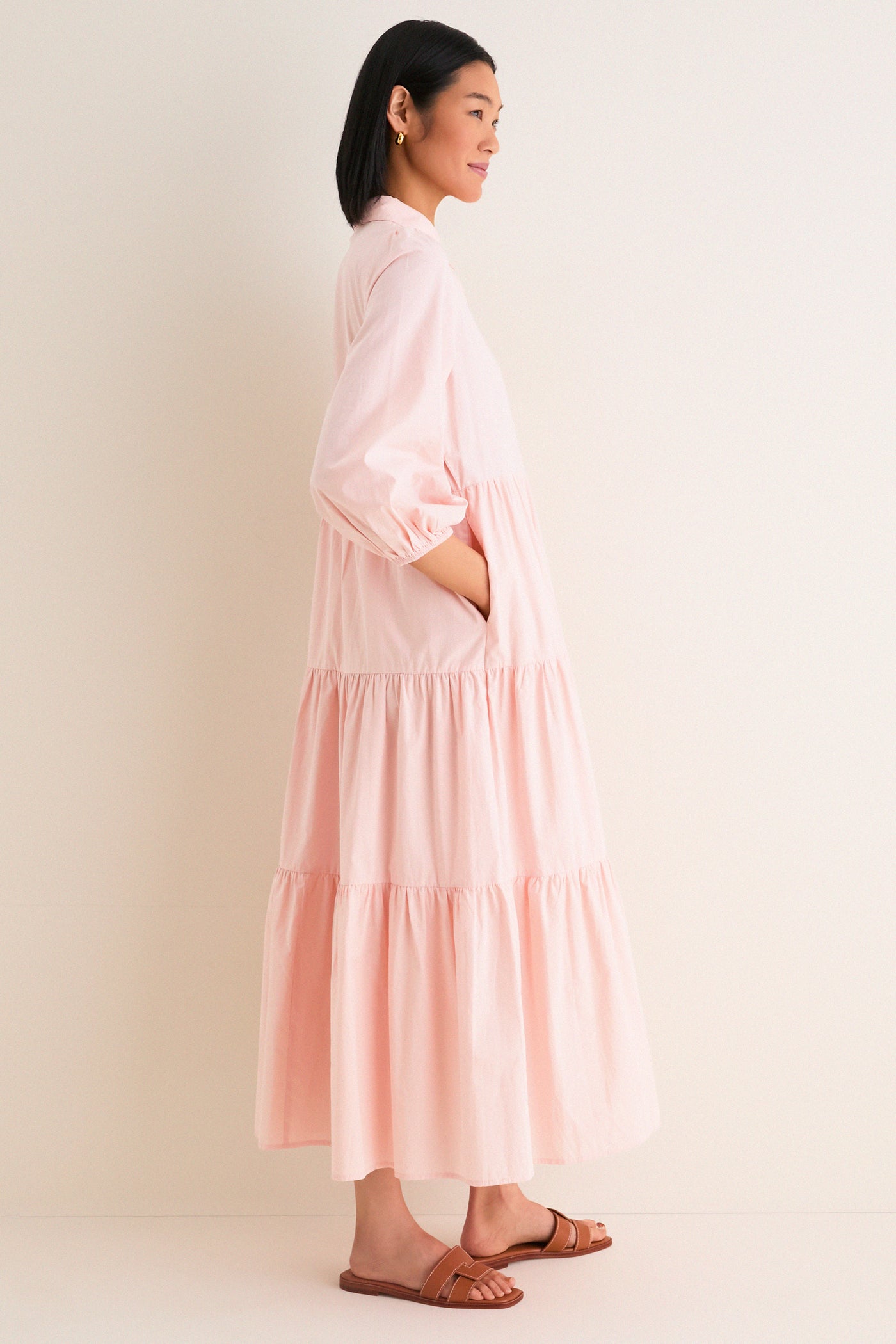 pink long sleeve cotton dress Cotton Linen Shirt Dress for Womens Pleated Button Long Dress Long Sleeve A-line Loose Swing Dress with Pockets Hot Pink L