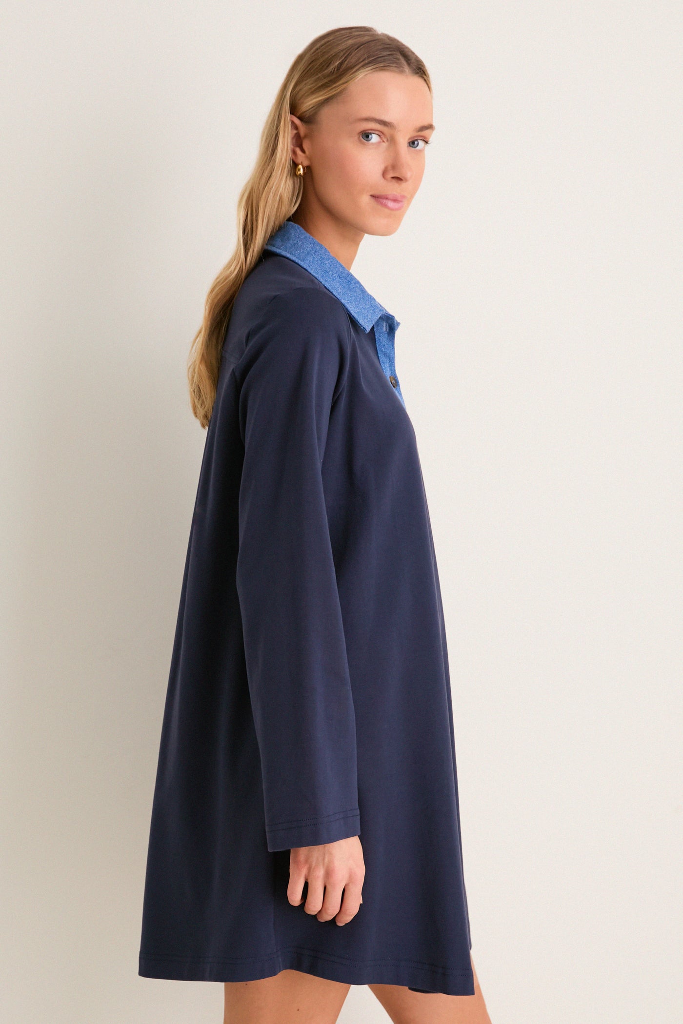 Pomander Place Denim Collar Lynn Swing Mini Dress Navy and Denim / M Pomander Place Denim Collar Lynn Swing Mini Dress Navy and Denim / M