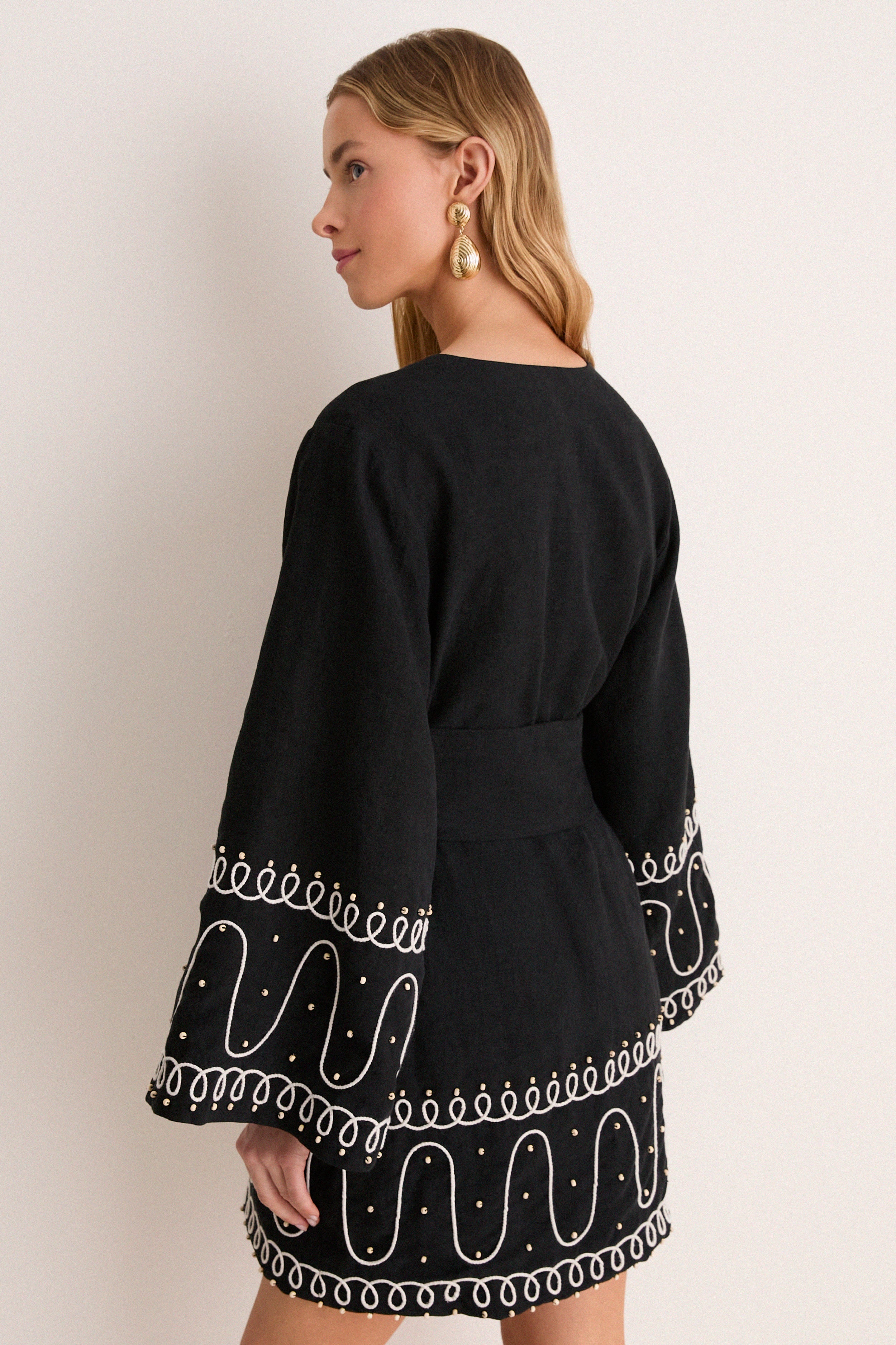 Soutache Beaded Linen Callista Wrap Dress