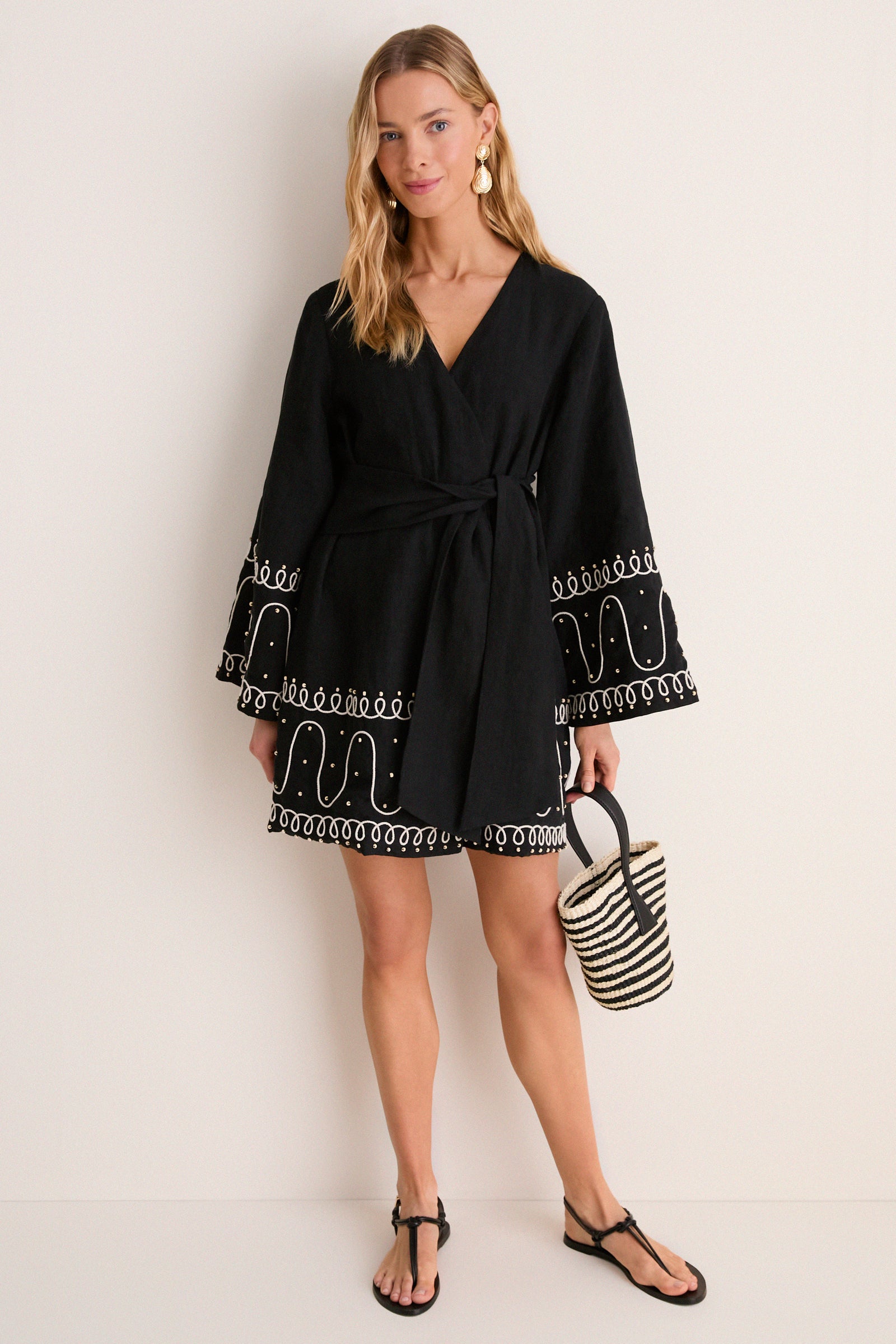 Soutache Beaded Linen Callista Wrap Dress