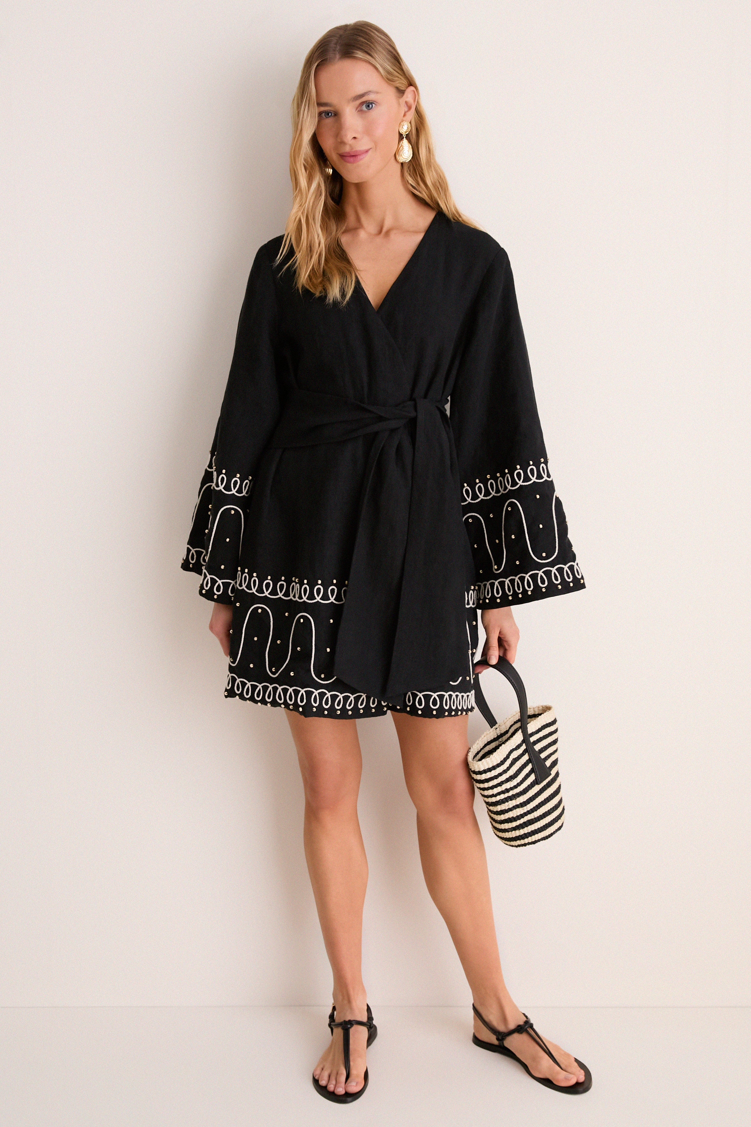 Soutache Beaded Linen Callista Wrap Dress