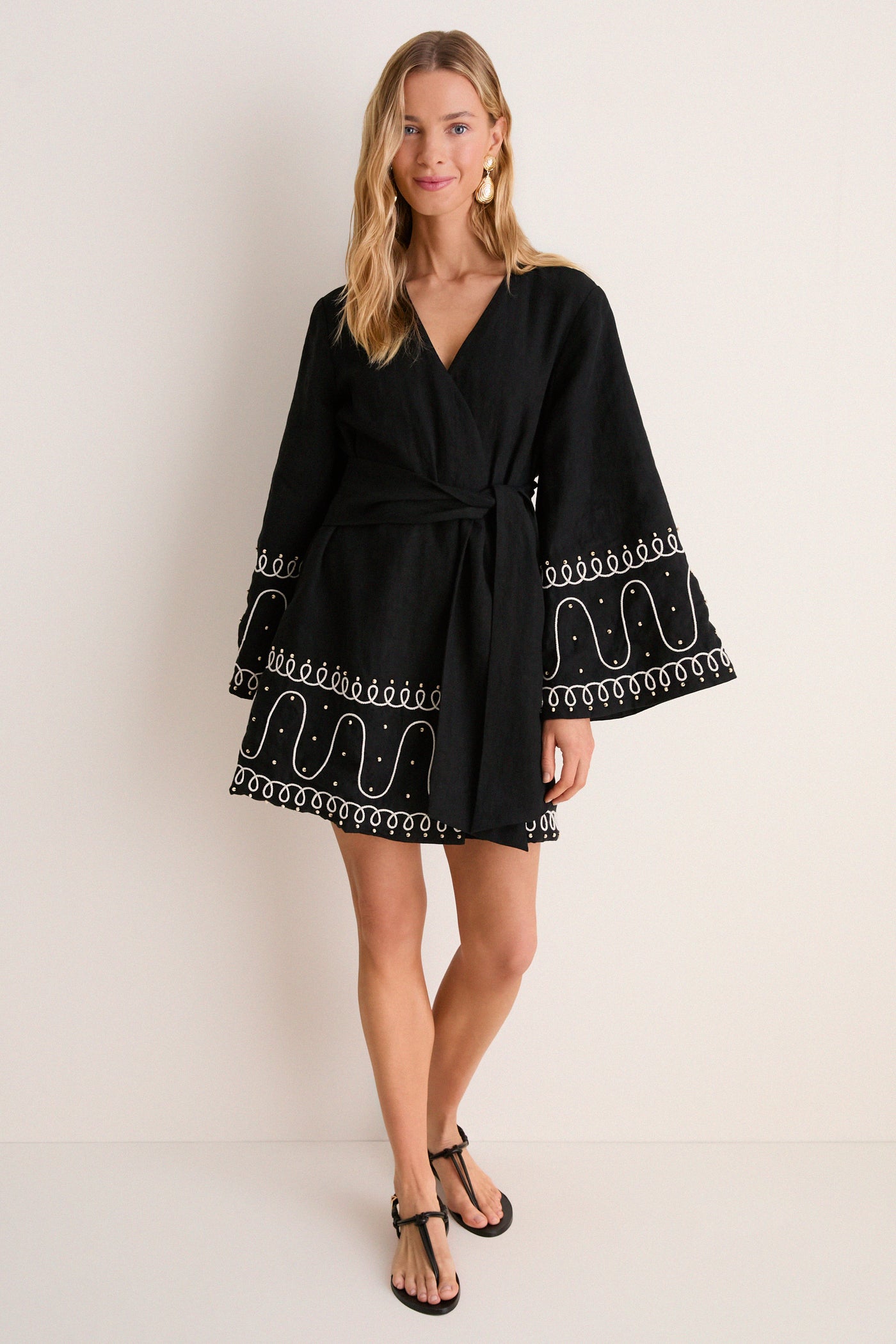 Tuckernuck Soutache Beaded Linen Callista Wrap Dress Black / XS