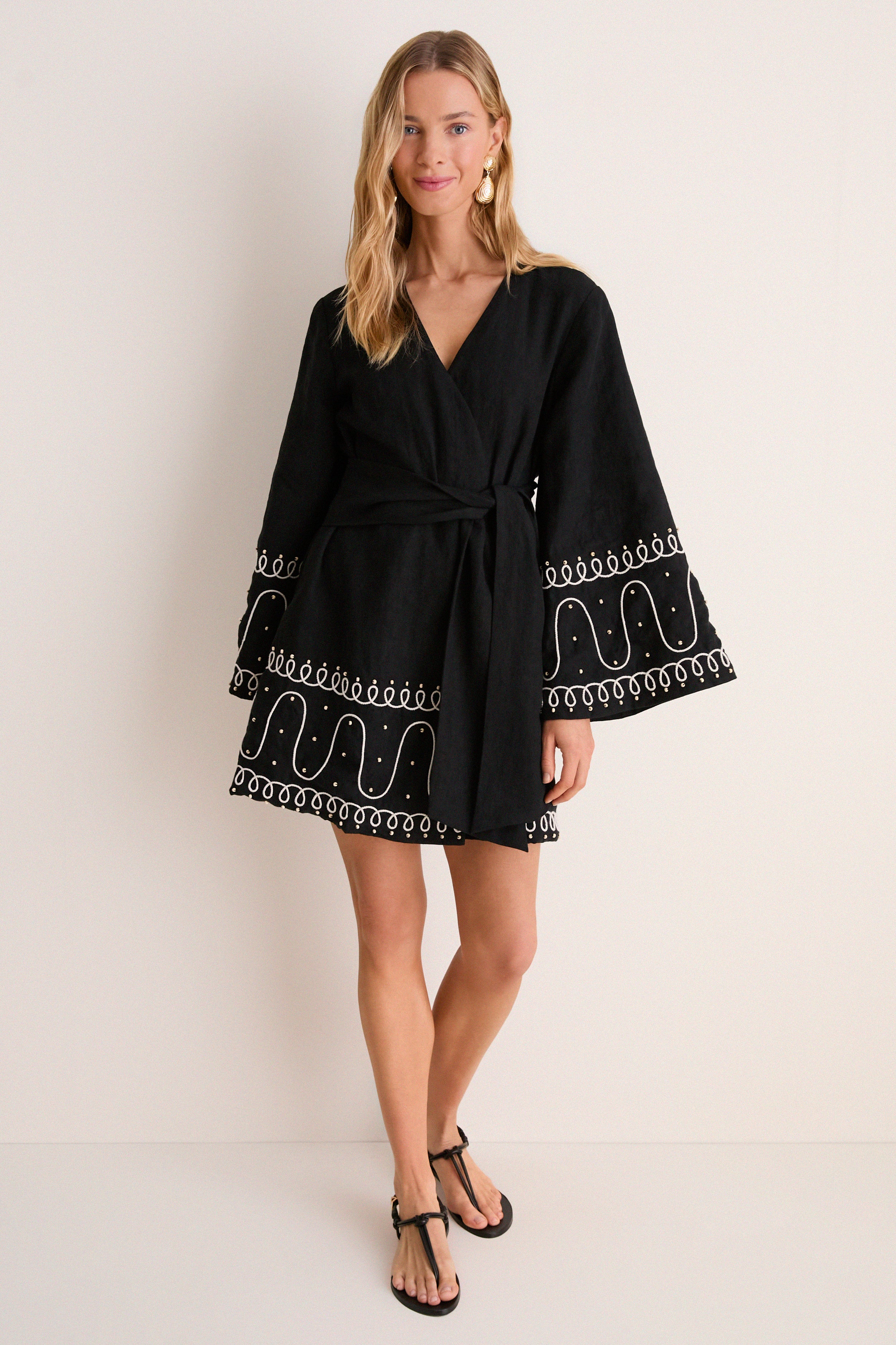 Soutache Beaded Linen Callista Wrap Dress