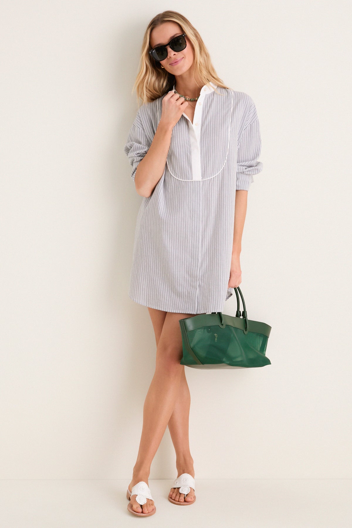 Evergreen Stripe Bib Arlington Shirt Dress