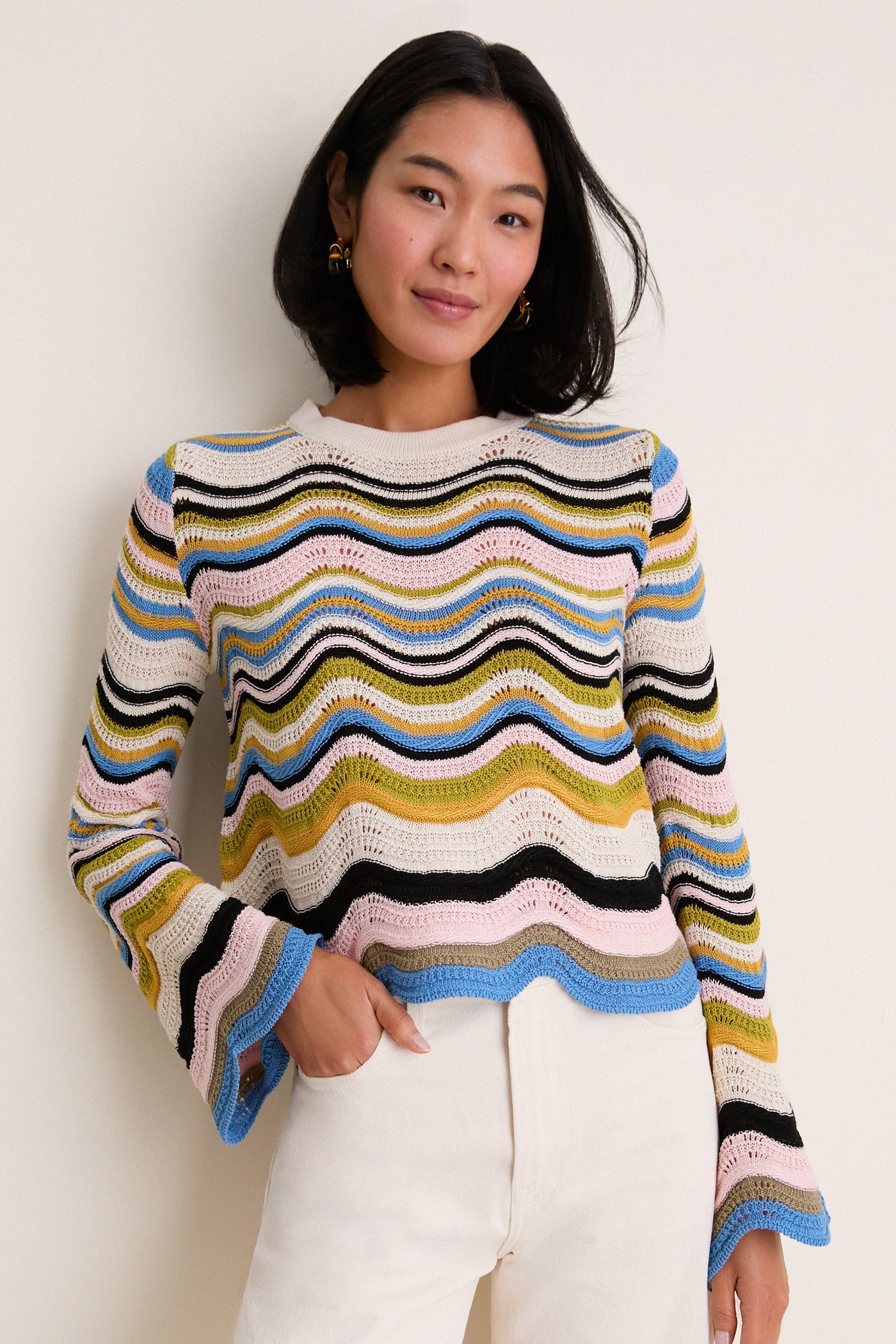 Multicolor White, Green and Pink Chevron Crop Sweater