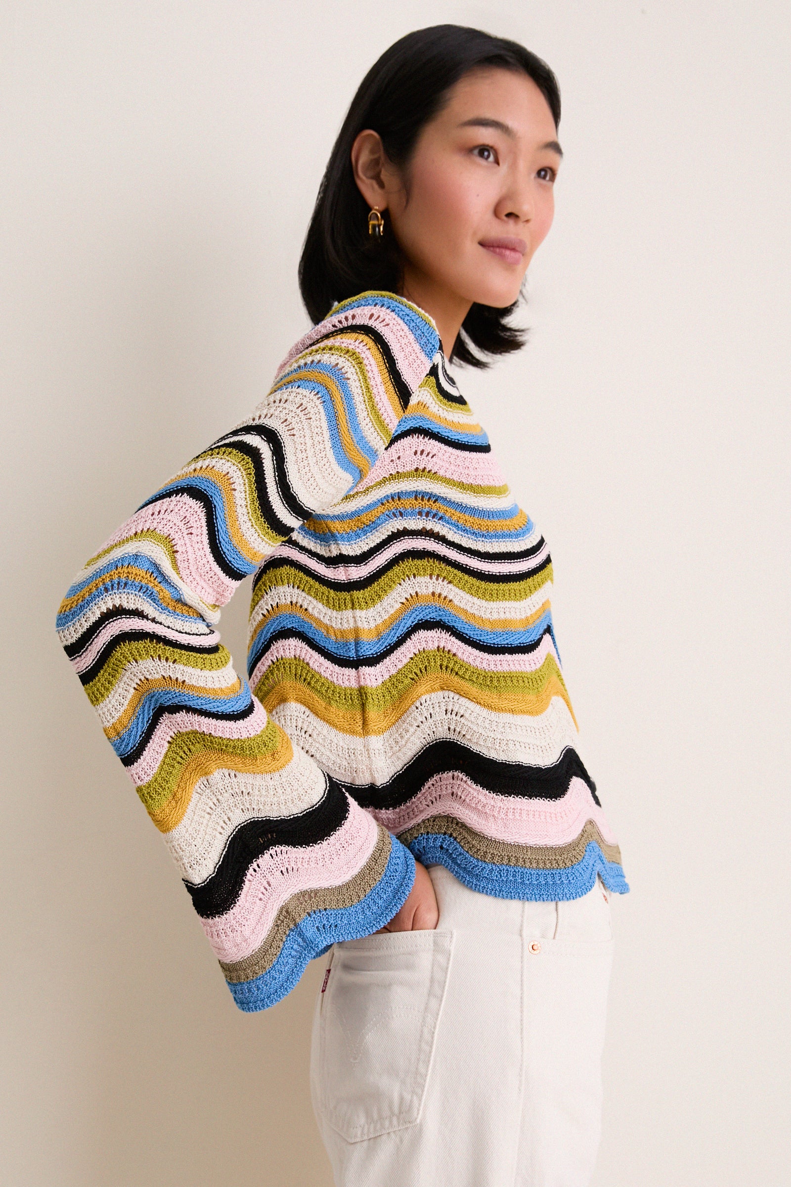 Multicolor White, Green and Pink Chevron Crop Sweater