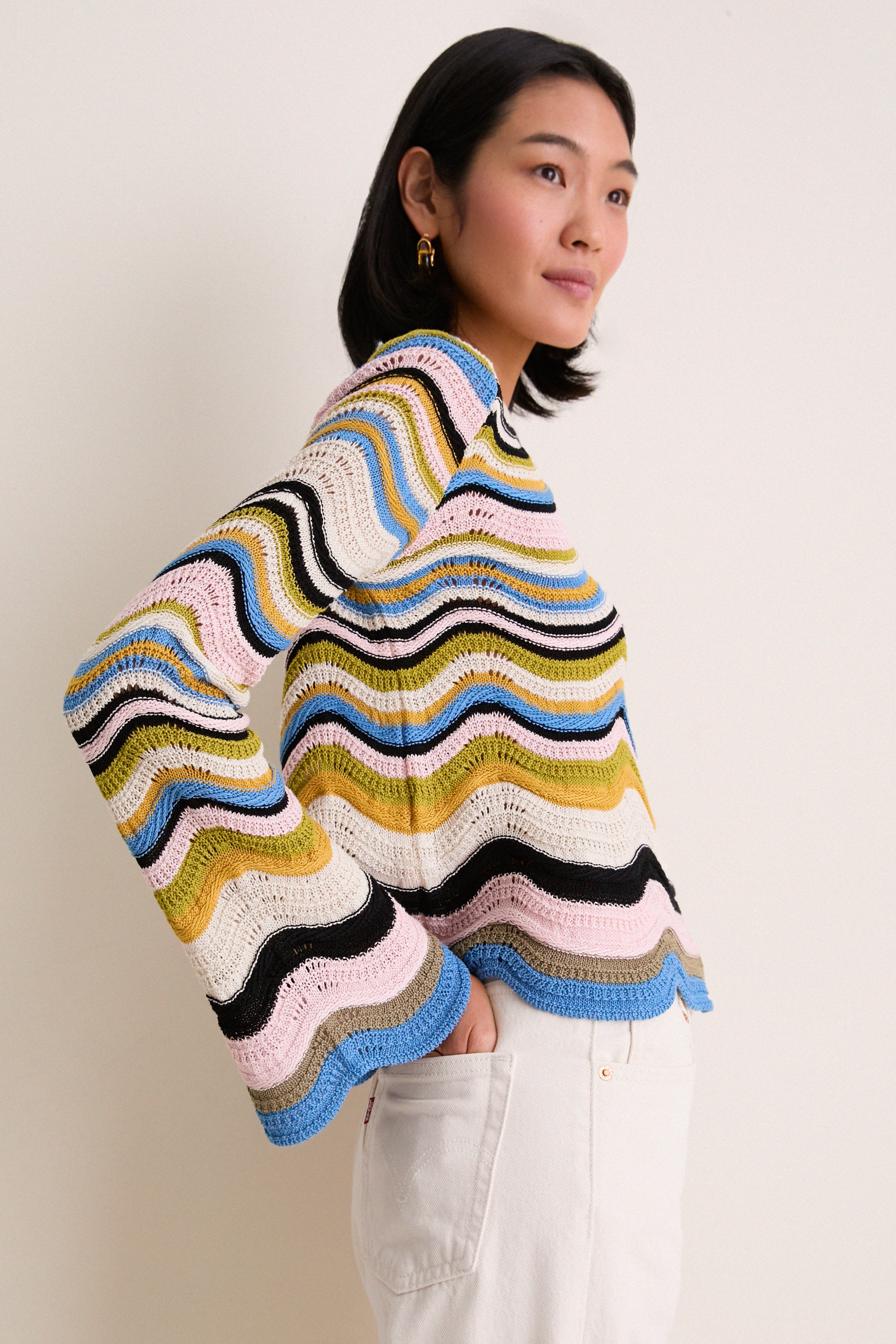 Multicolor White, Green and Pink Chevron Crop Sweater
