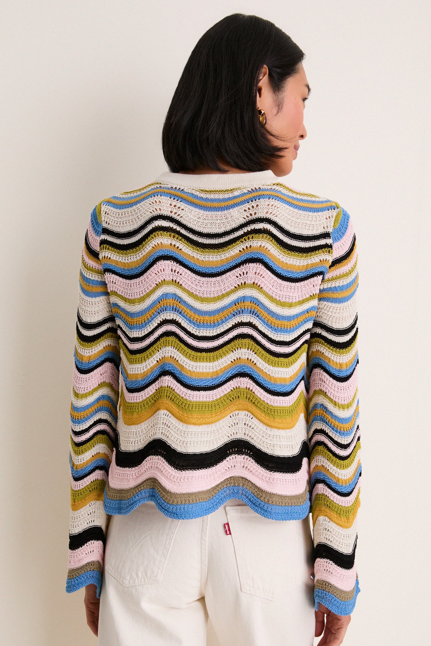 Multicolor White, Green and Pink Chevron Crop Sweater