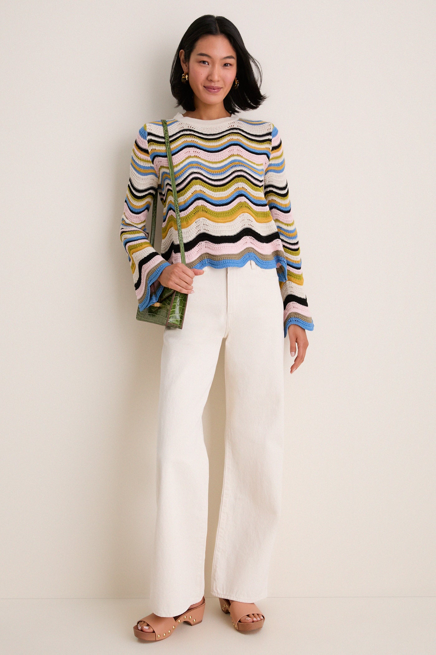 Multicolor White, Green and Pink Chevron Crop Sweater