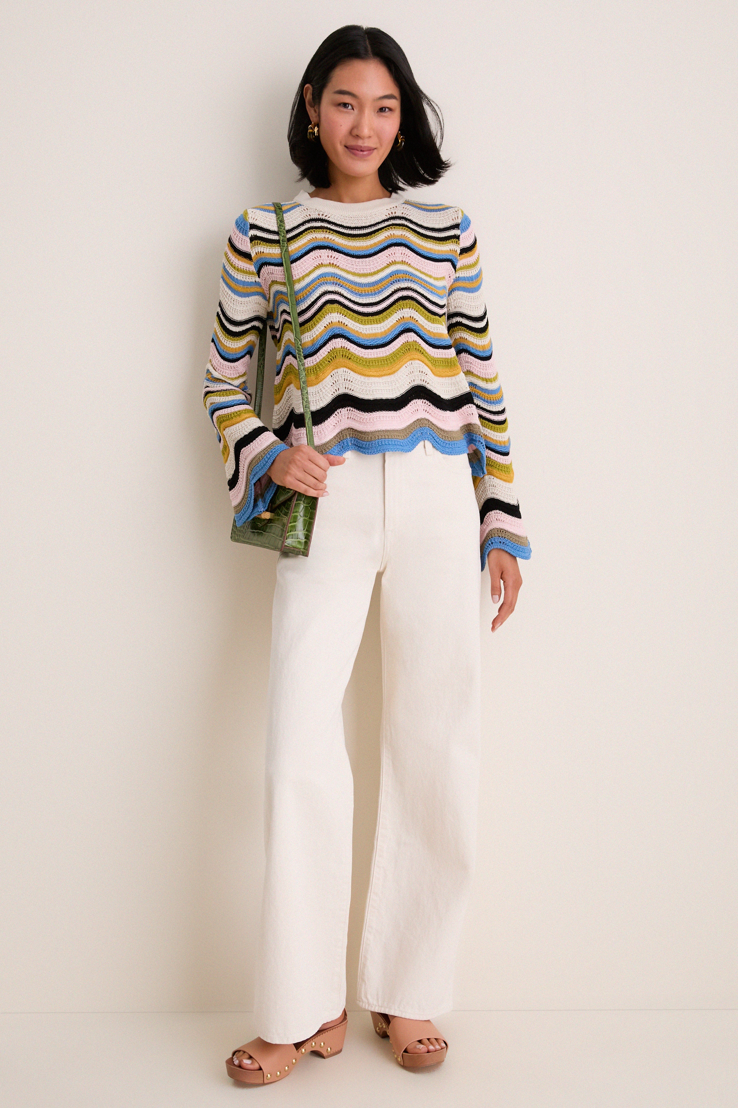 Multicolor White, Green and Pink Chevron Crop Sweater