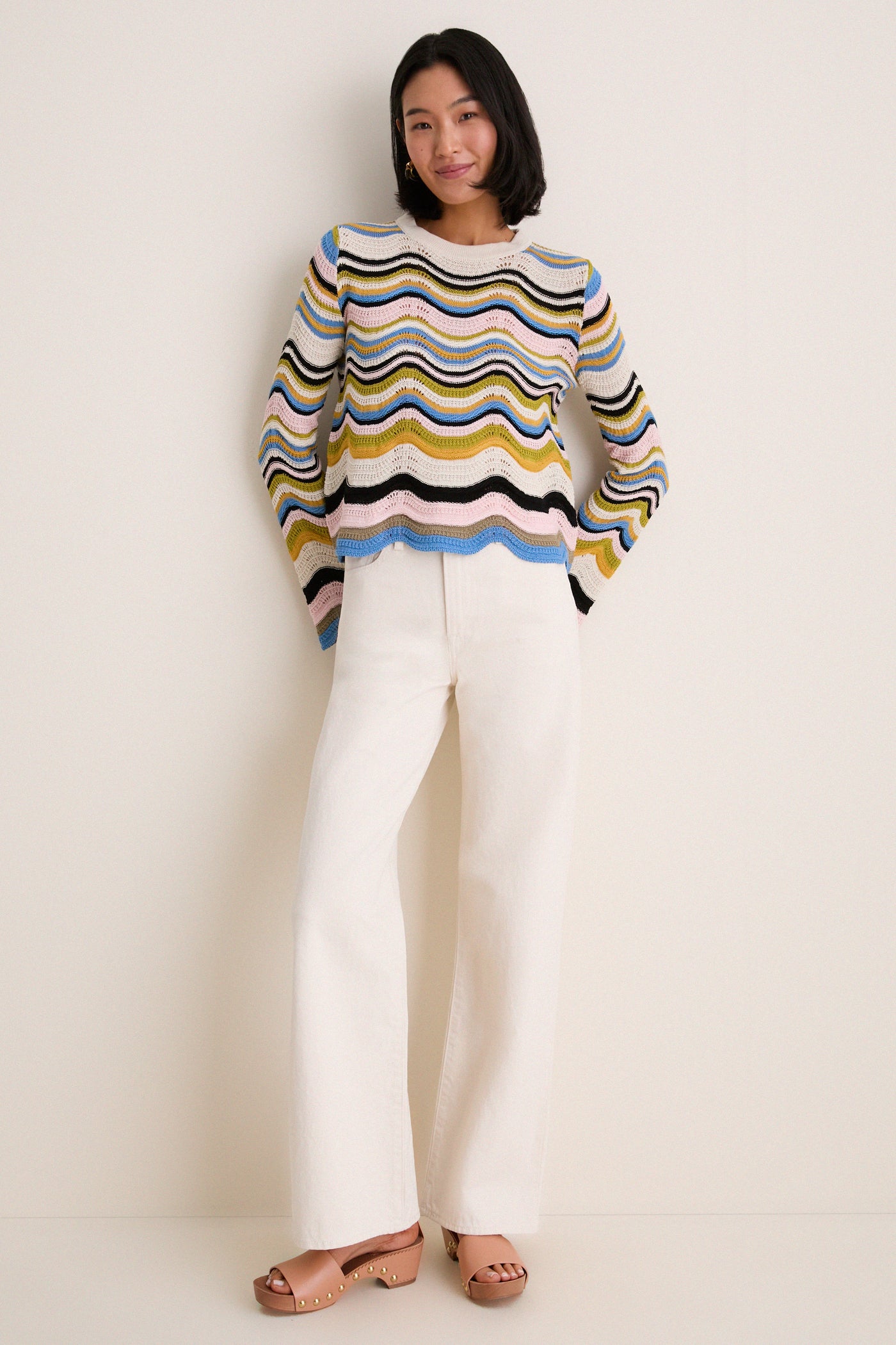 Multicolor White, Green and Pink Chevron Crop Sweater