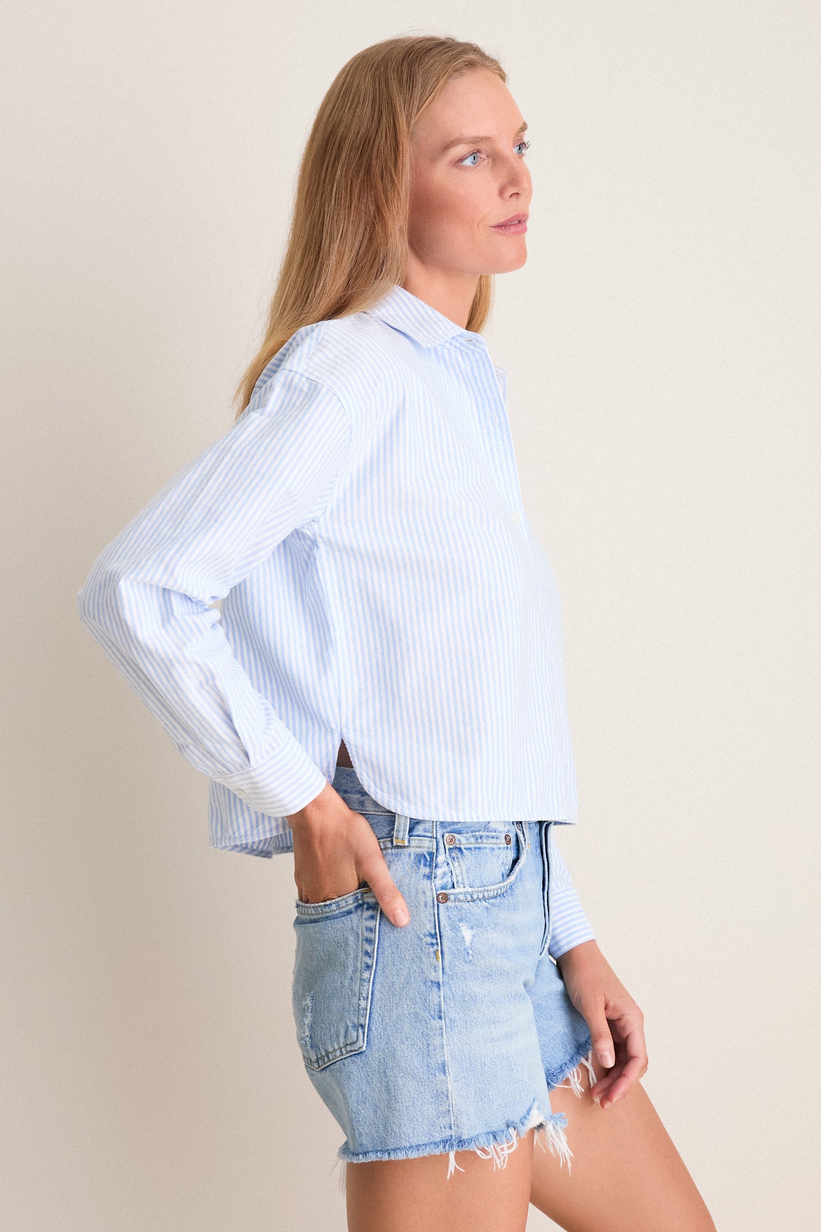 White and Blue Stripe Cropped Jasper Button Down