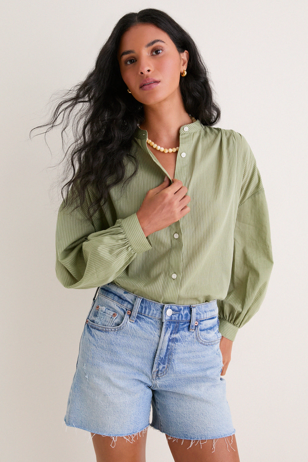 Light Olive Shadow Stripe Juliette Button Down