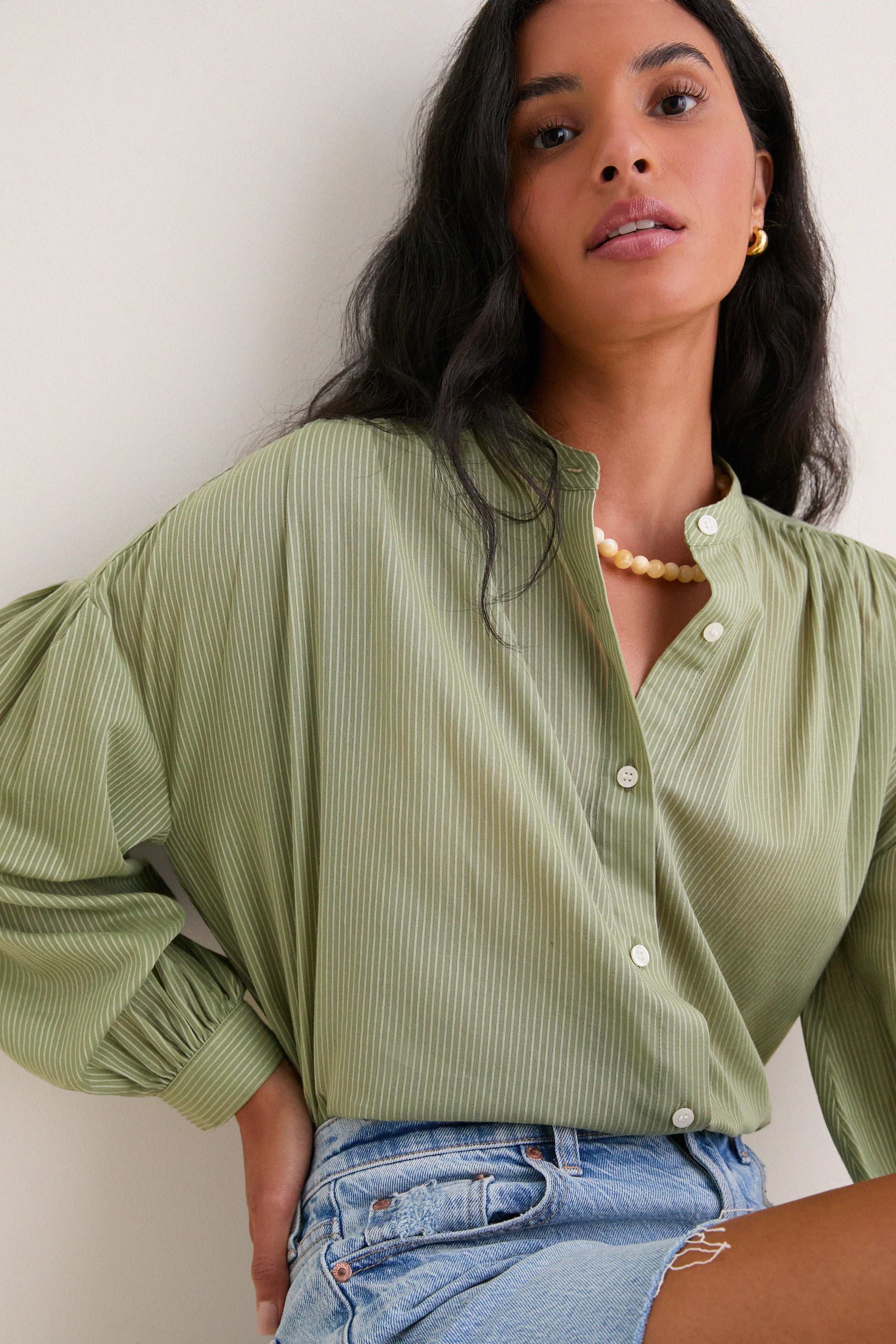 Light Olive Shadow Stripe Juliette Button Down