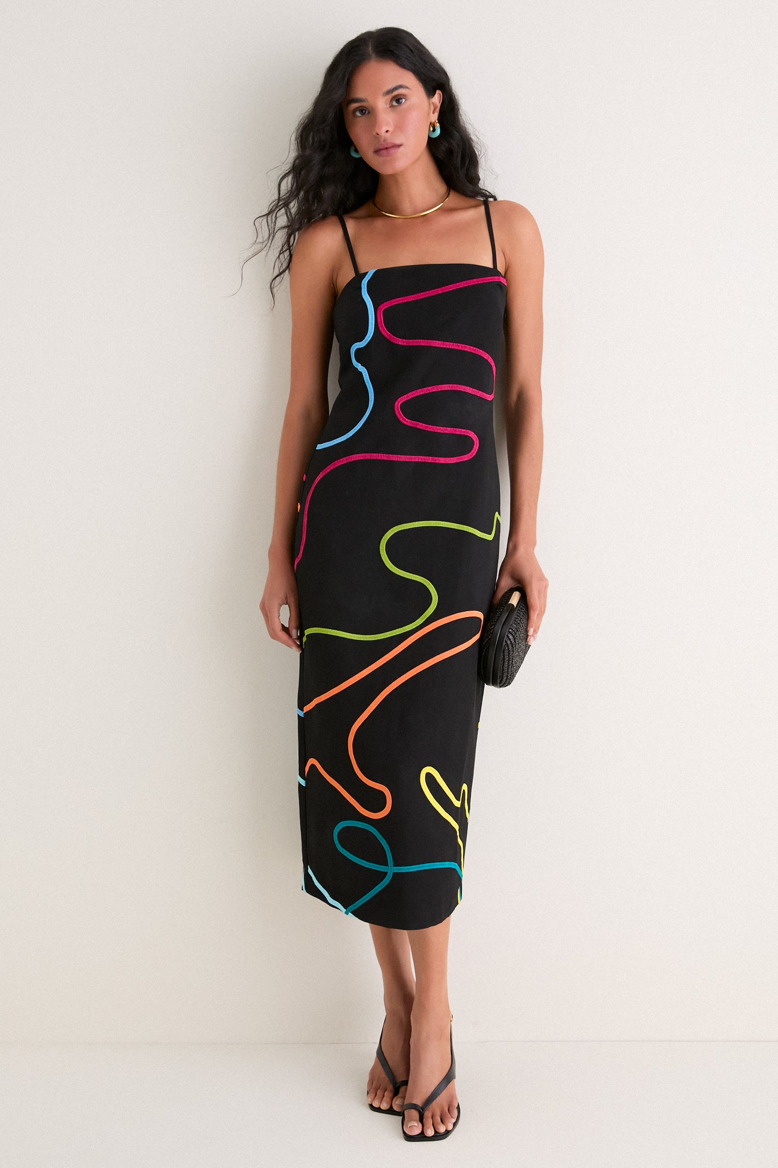 Hyacinth House Black Linen & Technicolor Soutache Electra Maxi Dress Black Linen & Multi Soutache / S