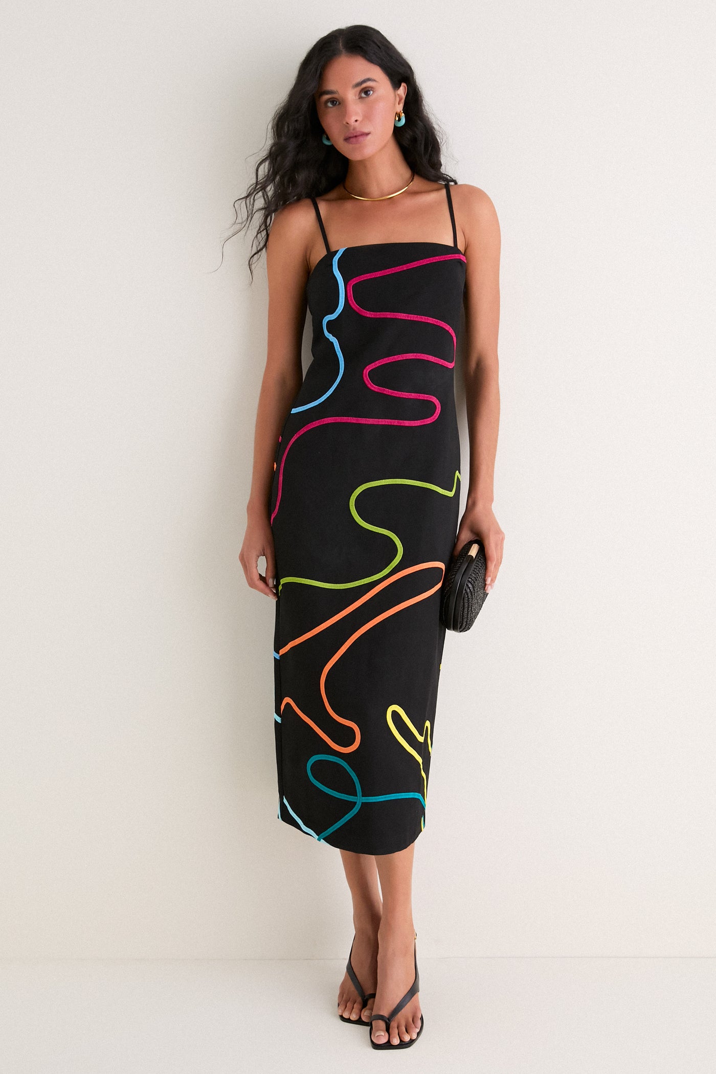 Black Linen & Technicolor Soutache Electra Maxi Dress