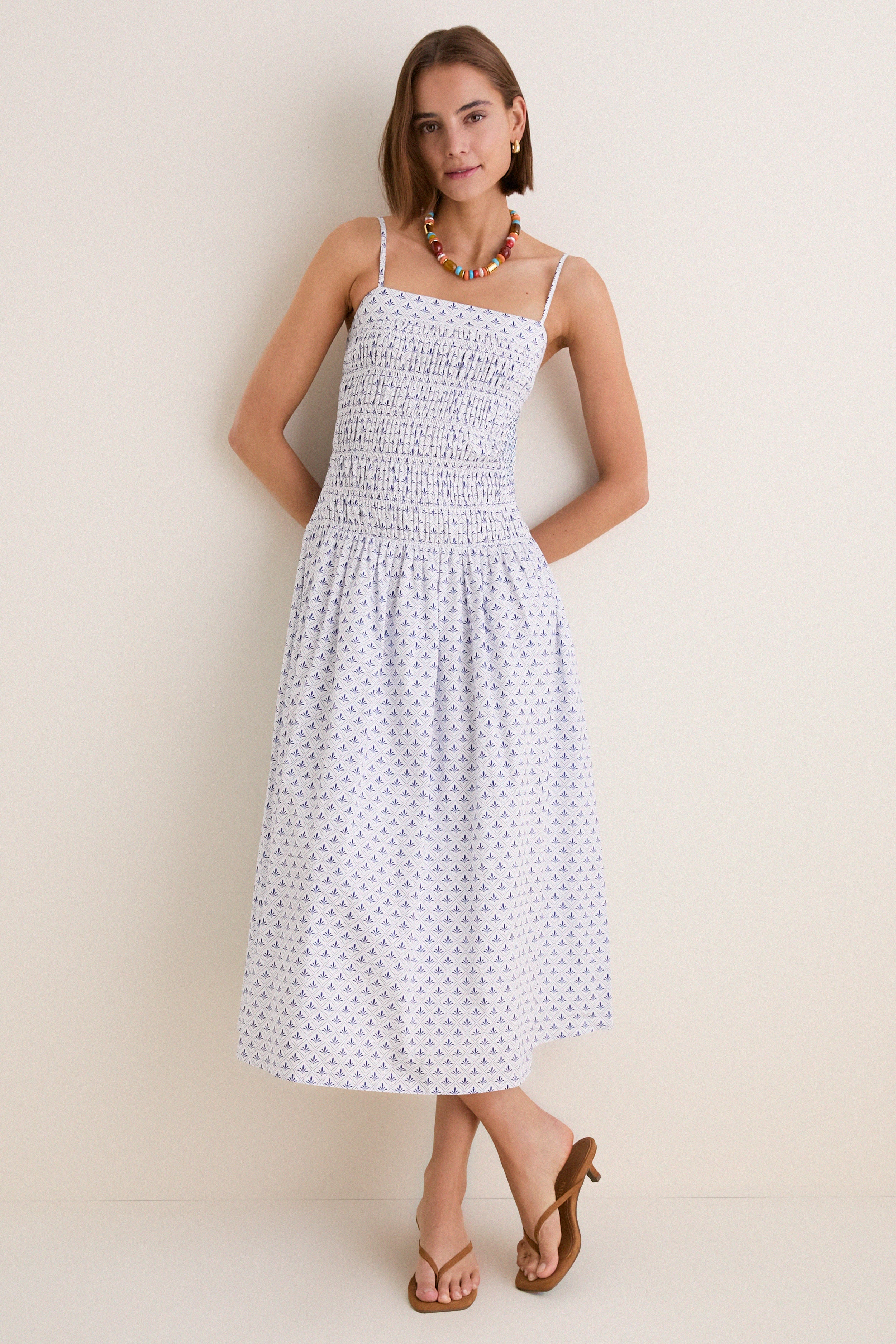Blue & White Ditsy Tile Smocked Keeley Maxi Dress | Hyacinth House