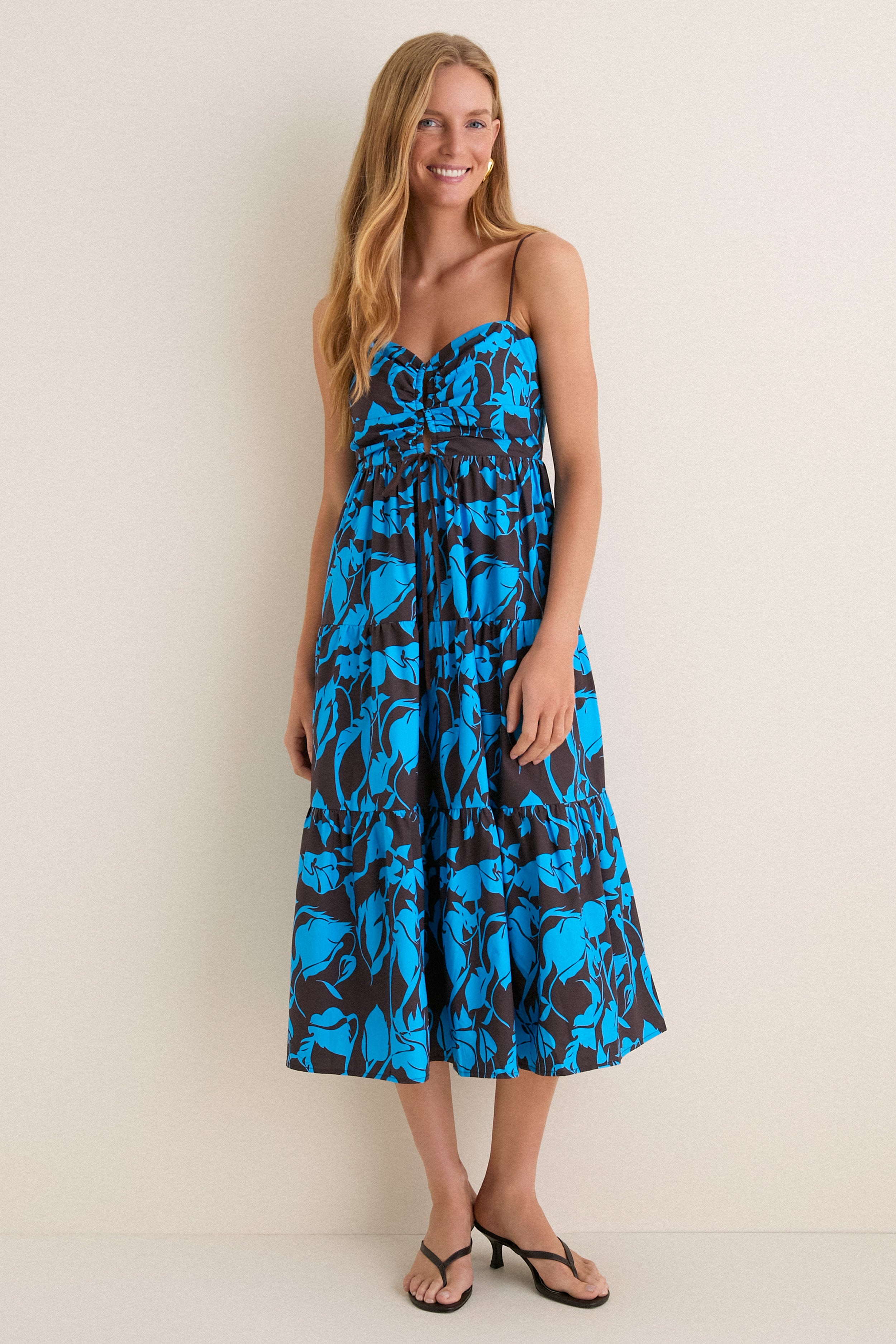 Hyacinth House Chocolate & Blue Floral Corinne Cut-Out Midi Dress Chocolate & Blue Floral / L