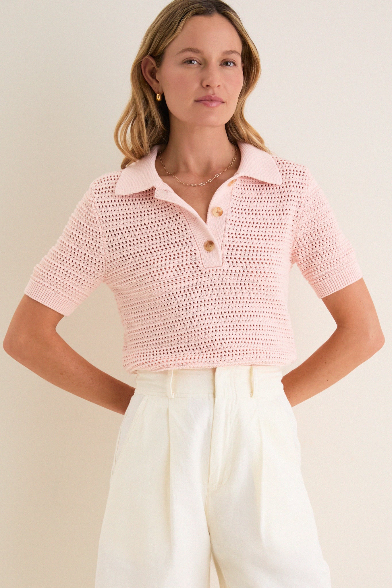Pink Crochet Cotton Asher Polo | Tuckernuck