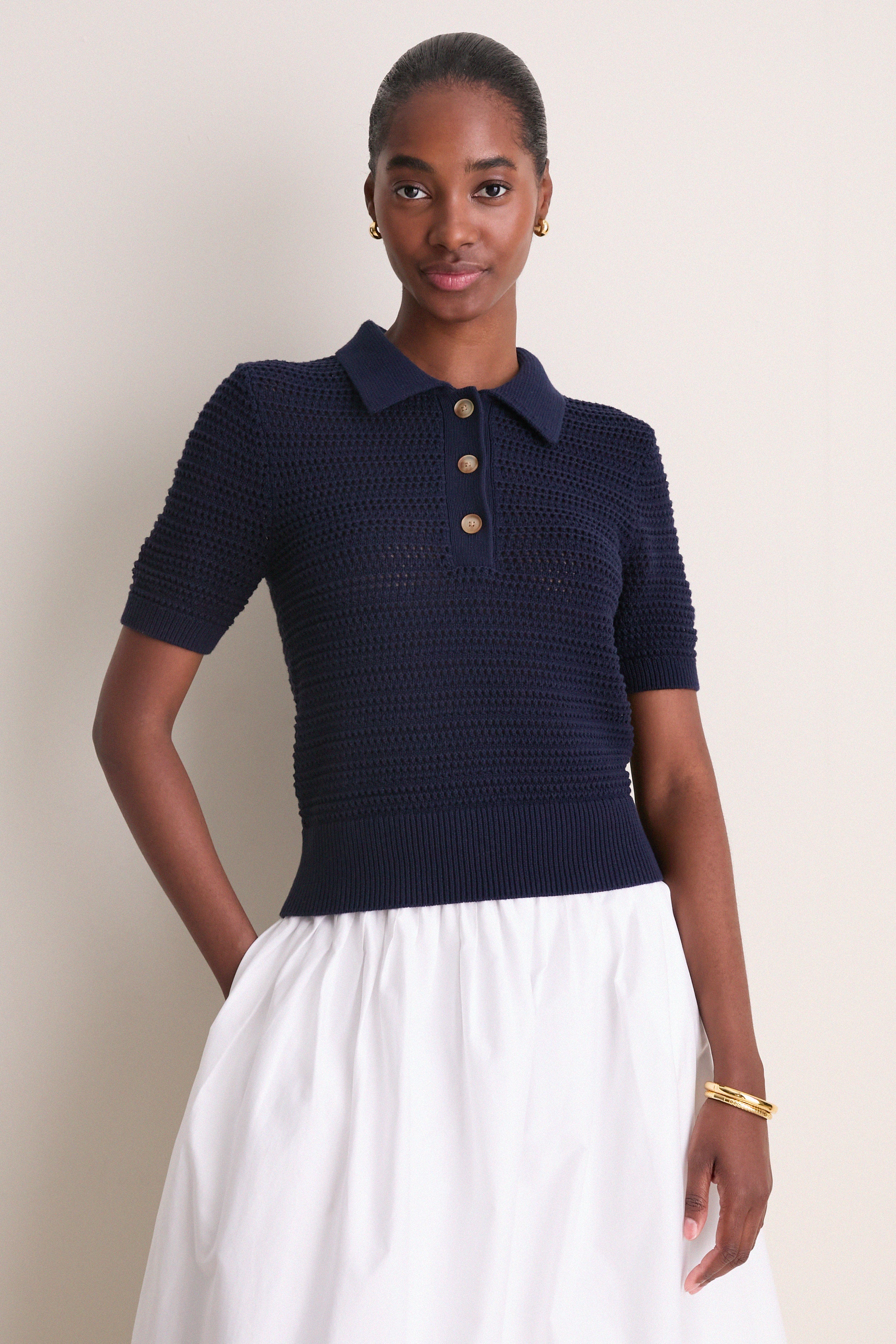 Navy Crochet Cotton Asher Polo