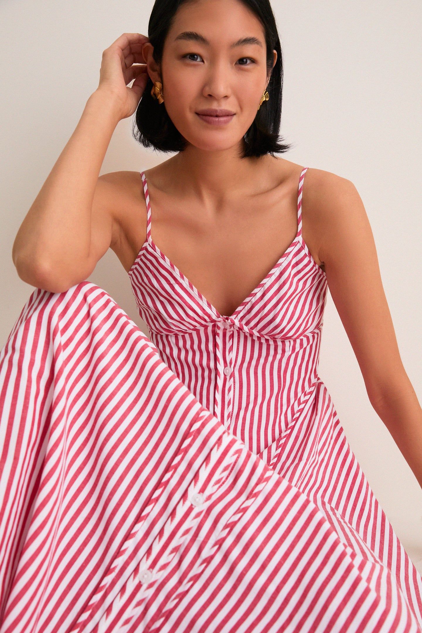 Red and White Striped Arabella Midi Dress