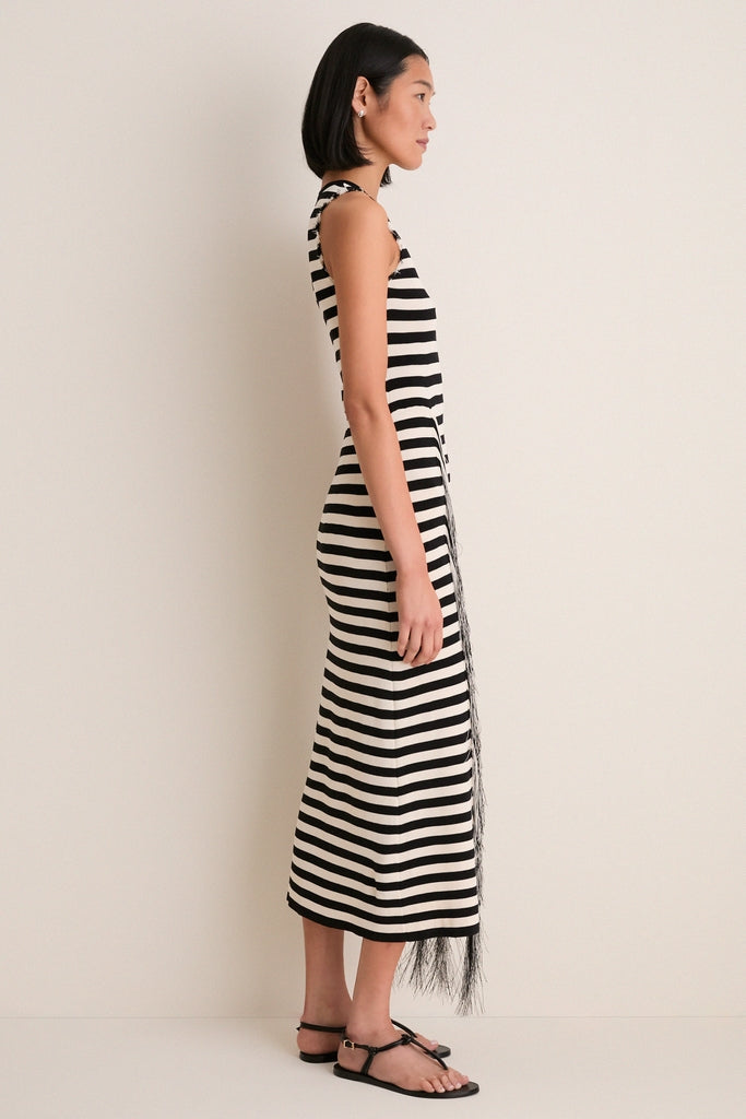 Black and White Stripe Sabine Fringe Knit Dress | SIMONMILLER Black and White Stripe Sabine Fringe Knit Dress | SIMONMILLER