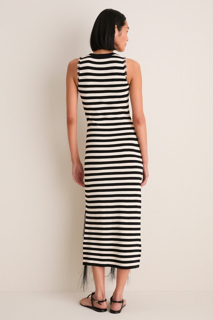 Black and White Stripe Sabine Fringe Knit Dress | SIMONMILLER