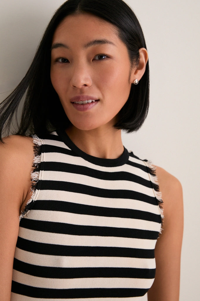 Black and White Stripe Sabine Fringe Knit Dress | SIMONMILLER Black and White Stripe Sabine Fringe Knit Dress | SIMONMILLER