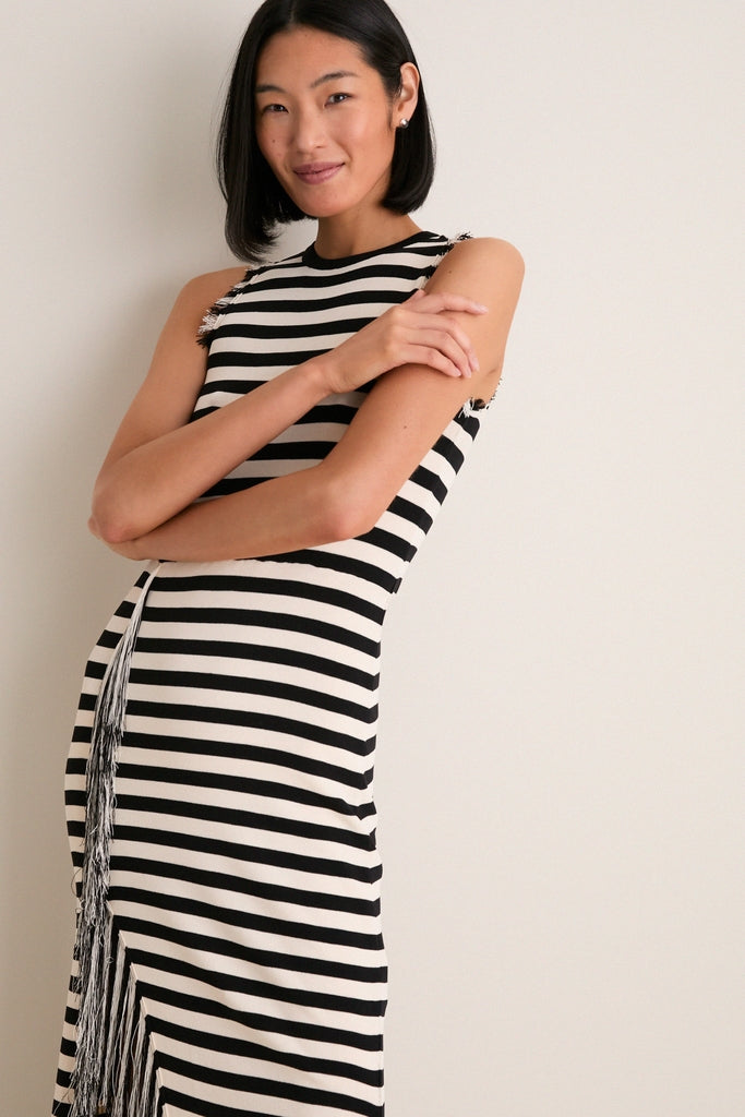 Black and White Stripe Sabine Fringe Knit Dress | SIMONMILLER Black and White Stripe Sabine Fringe Knit Dress | SIMONMILLER
