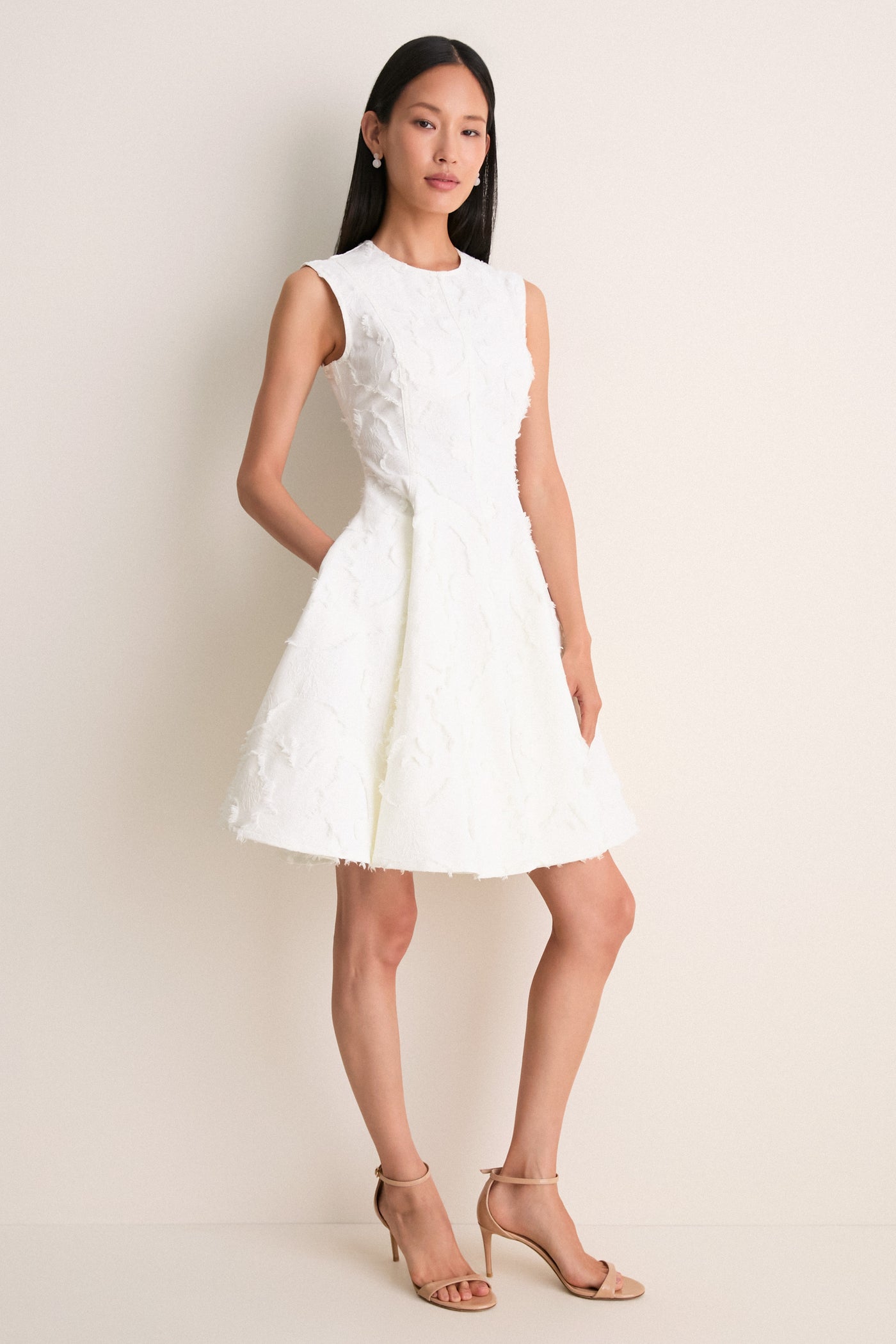 Ivory Textured Denim Fit And Flare Short Dress