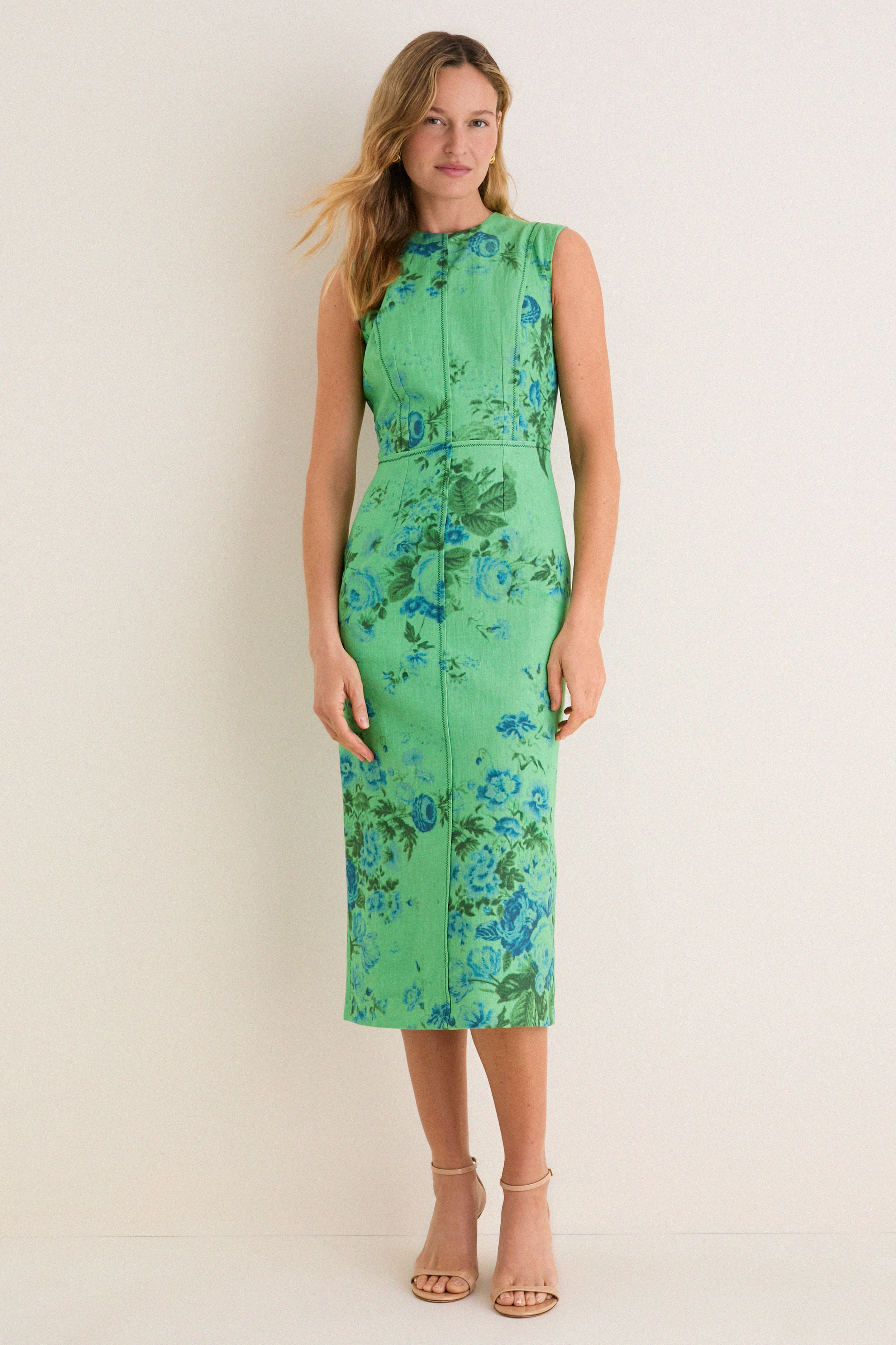 Rose Bouquet Sea Green Floral Print Linen Pencil Midi Dress | ERDEM