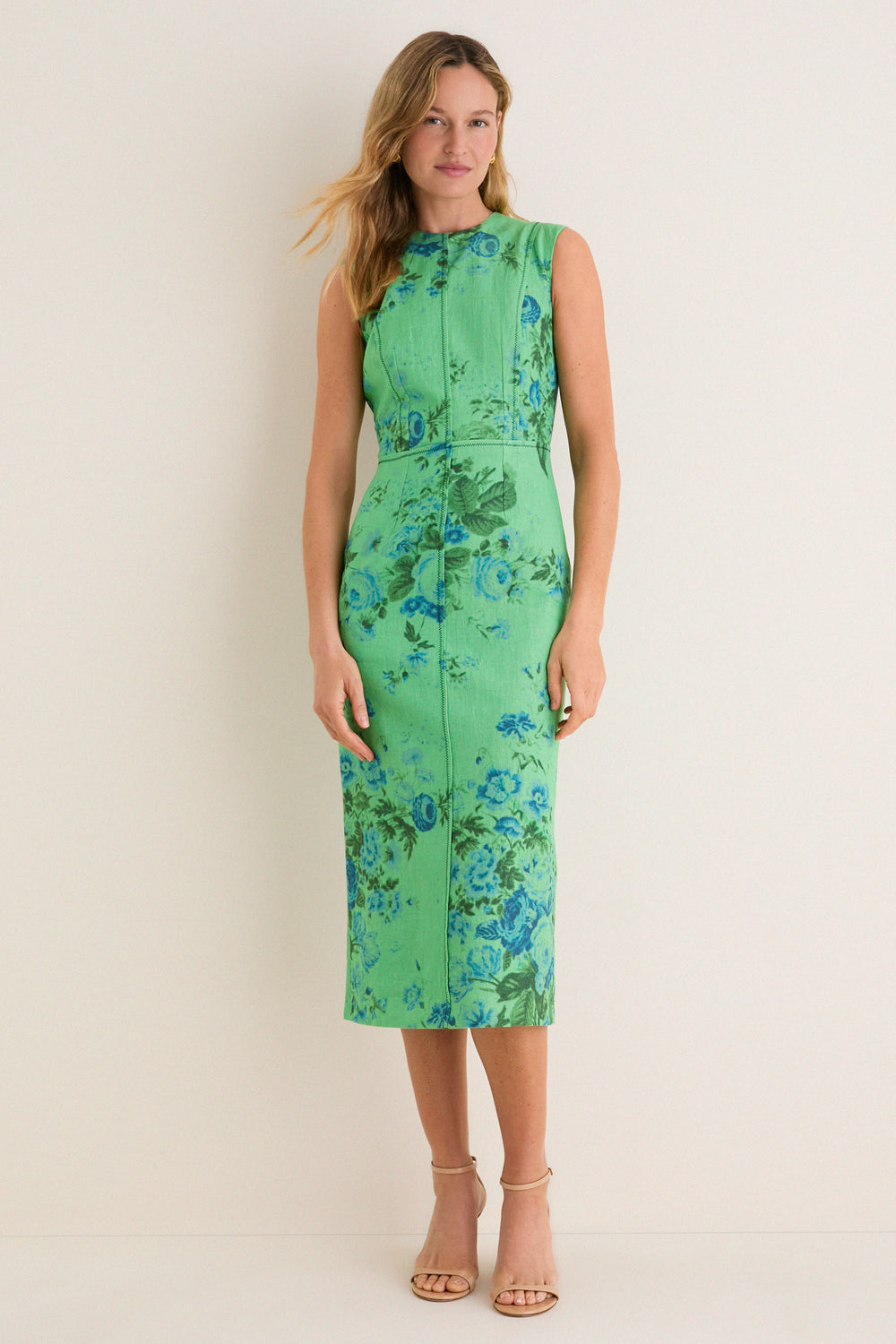 Rose Bouquet Sea Green Floral Print Linen Pencil Midi Dress | ERDEM Rose Bouquet Sea Green Floral Print Linen Pencil Midi Dress | ERDEM