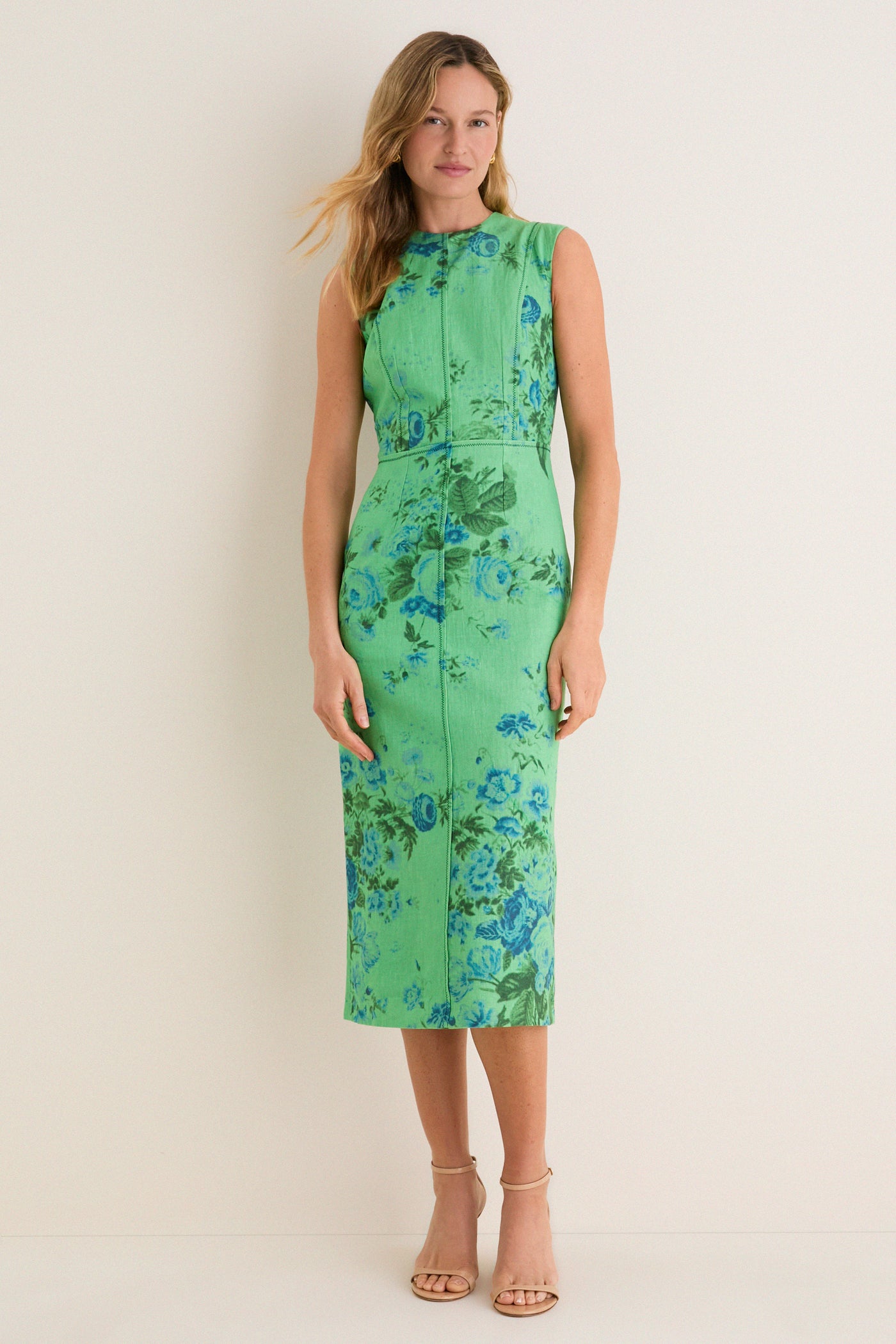Rose Bouquet Sea Green Floral Print Linen Pencil Midi Dress | ERDEM Rose Bouquet Sea Green Floral Print Linen Pencil Midi Dress | ERDEM